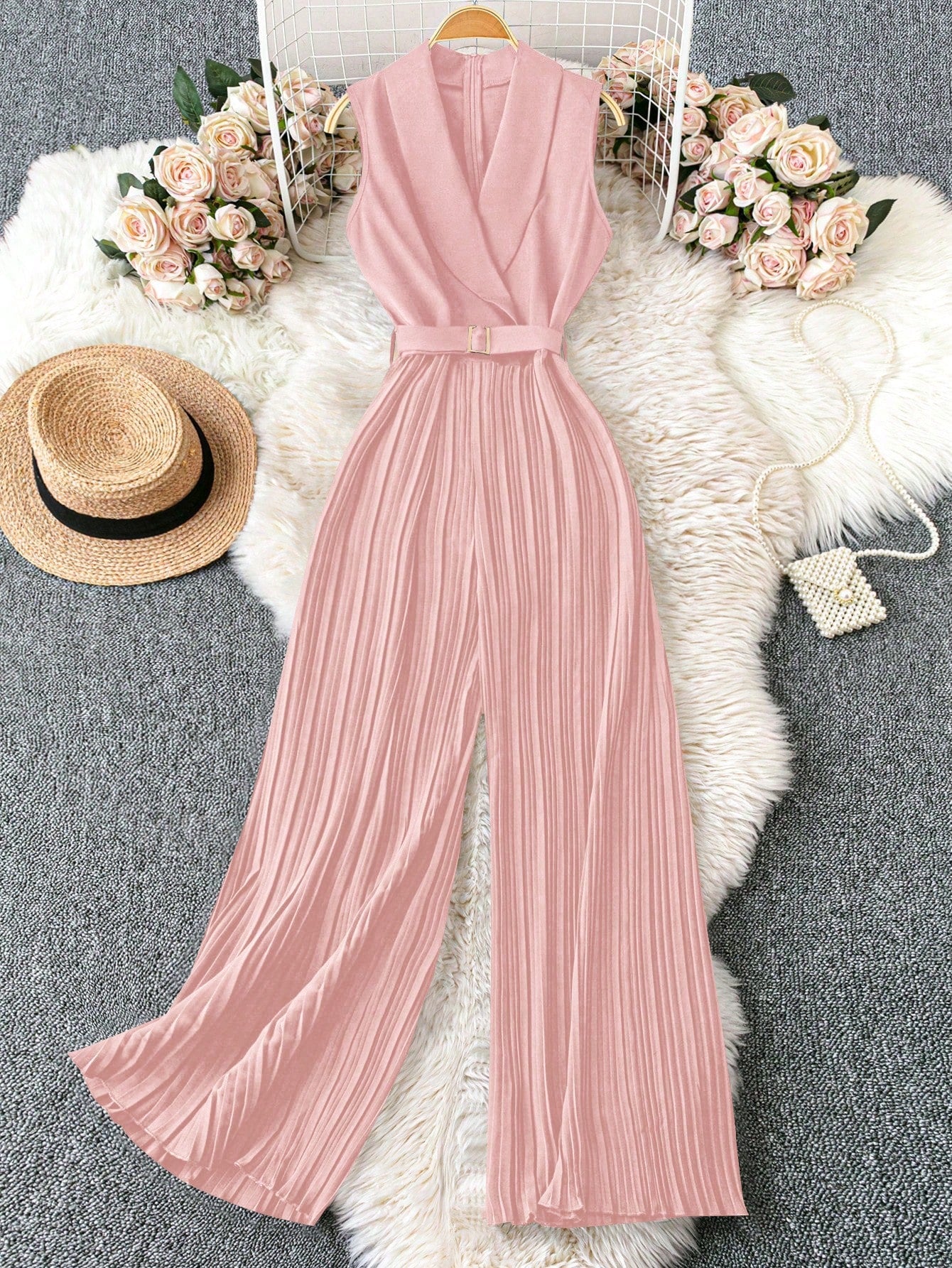 ChicEase Sleeveless Shawl Collared Waist Belt Pleated Jumpsuit