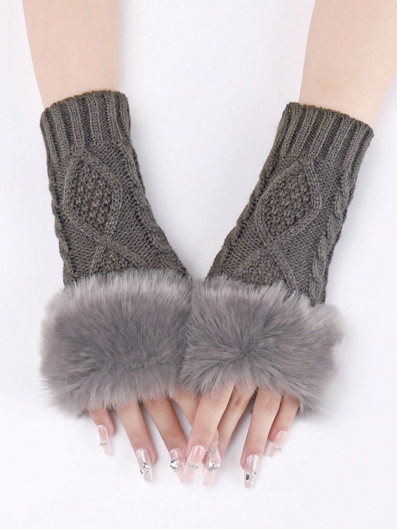 1 Pair Women's White Short Knitted Fingerless Gloves With Fur Edge, Autumn