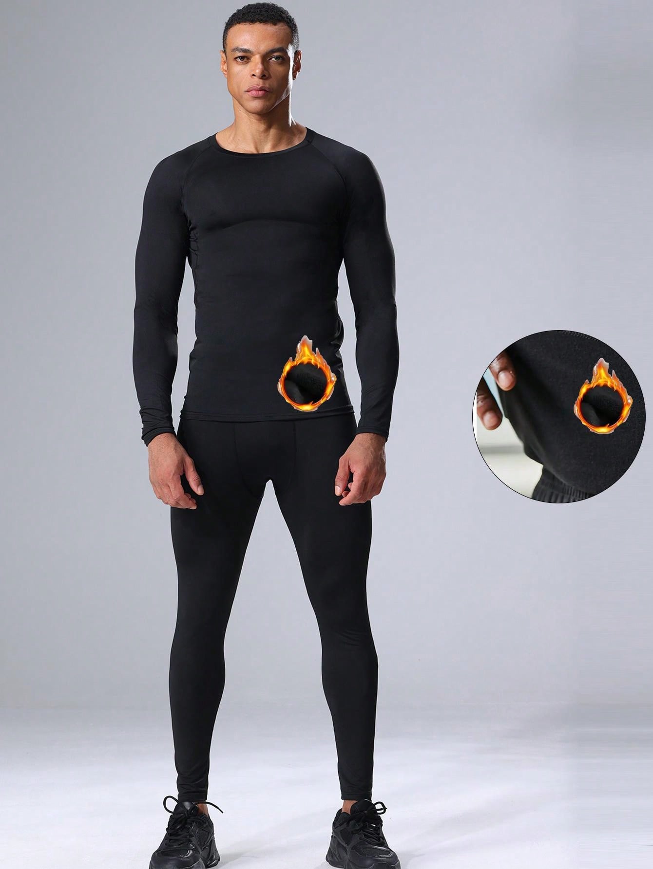 2pcs/Set Boyfriend Style Men's Thermal Workout Suit, Thermal Lined Fitness Outfit, Long Sleeve Base Layer Top And Leggings Set