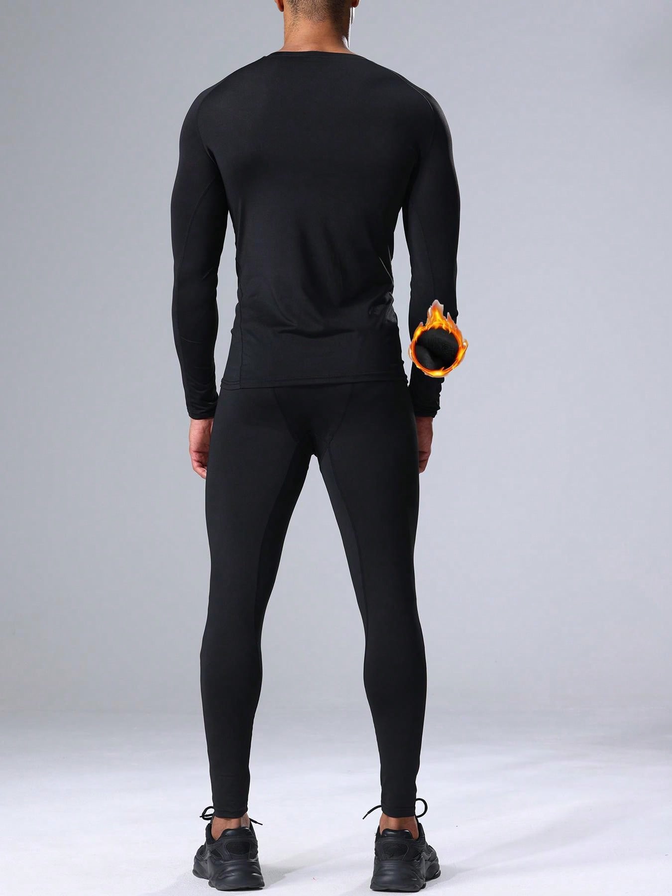 2pcs/Set Boyfriend Style Men's Thermal Workout Suit, Thermal Lined Fitness Outfit, Long Sleeve Base Layer Top And Leggings Set