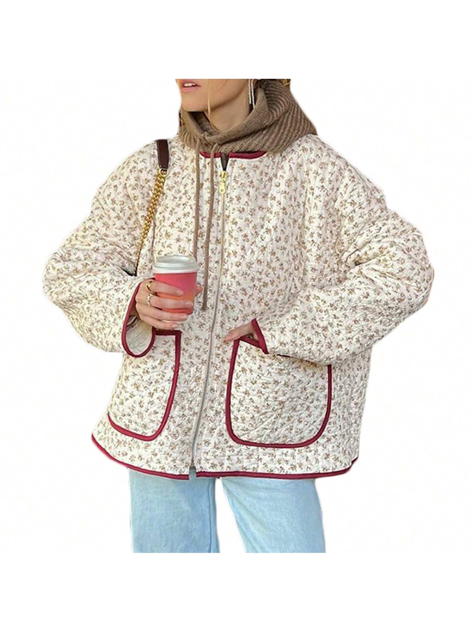 Womens Puffer Jacket Floral/Striped Lightweight Quilted Puffy Coat Fall Winter Zip Up Outwear