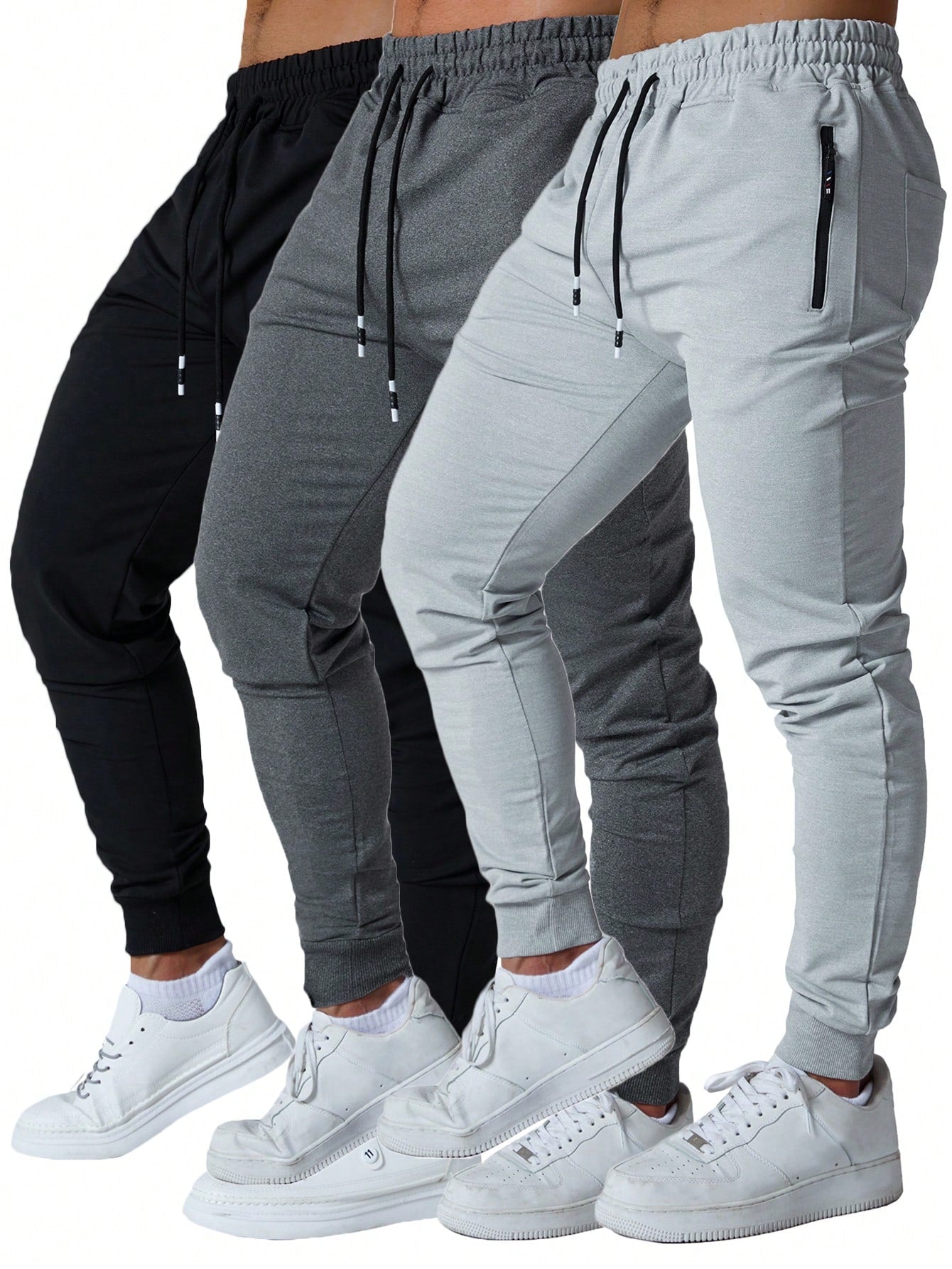 3 Pcs Mens Jogger Sweatpants With Drawstring Zipped Pockets Athletic Track Pants For Gym Running Workout