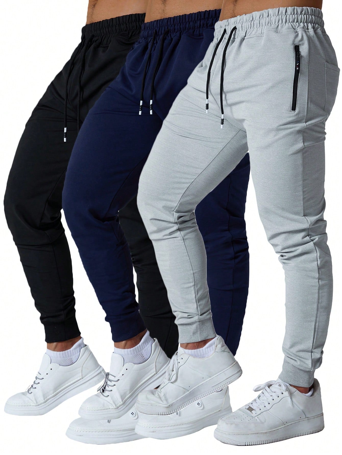 3 Pcs Mens Jogger Sweatpants With Drawstring Zipped Pockets Athletic Track Pants For Gym Running Workout