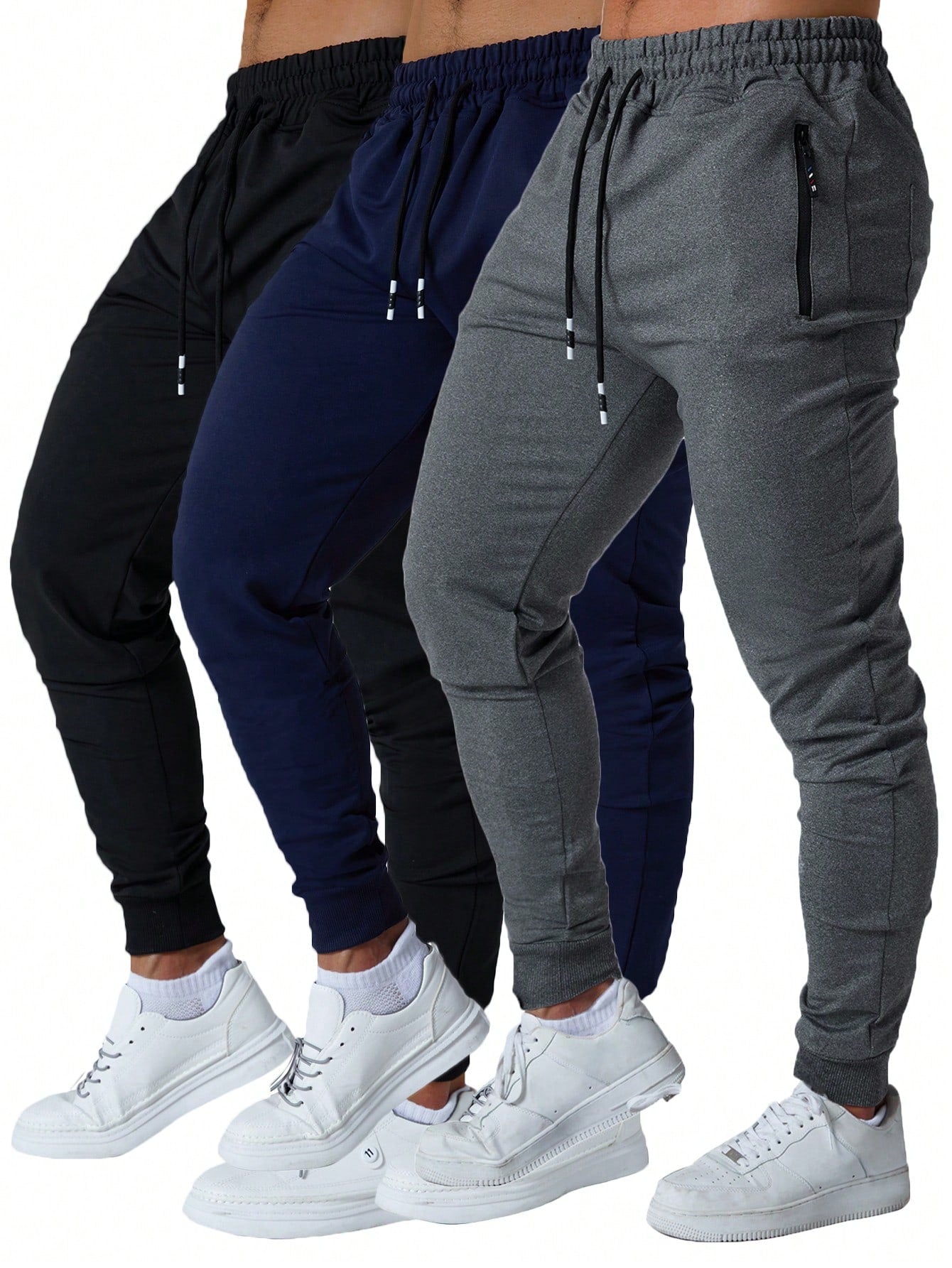 3 Pcs Mens Jogger Sweatpants With Drawstring Zipped Pockets Athletic Track Pants For Gym Running Workout