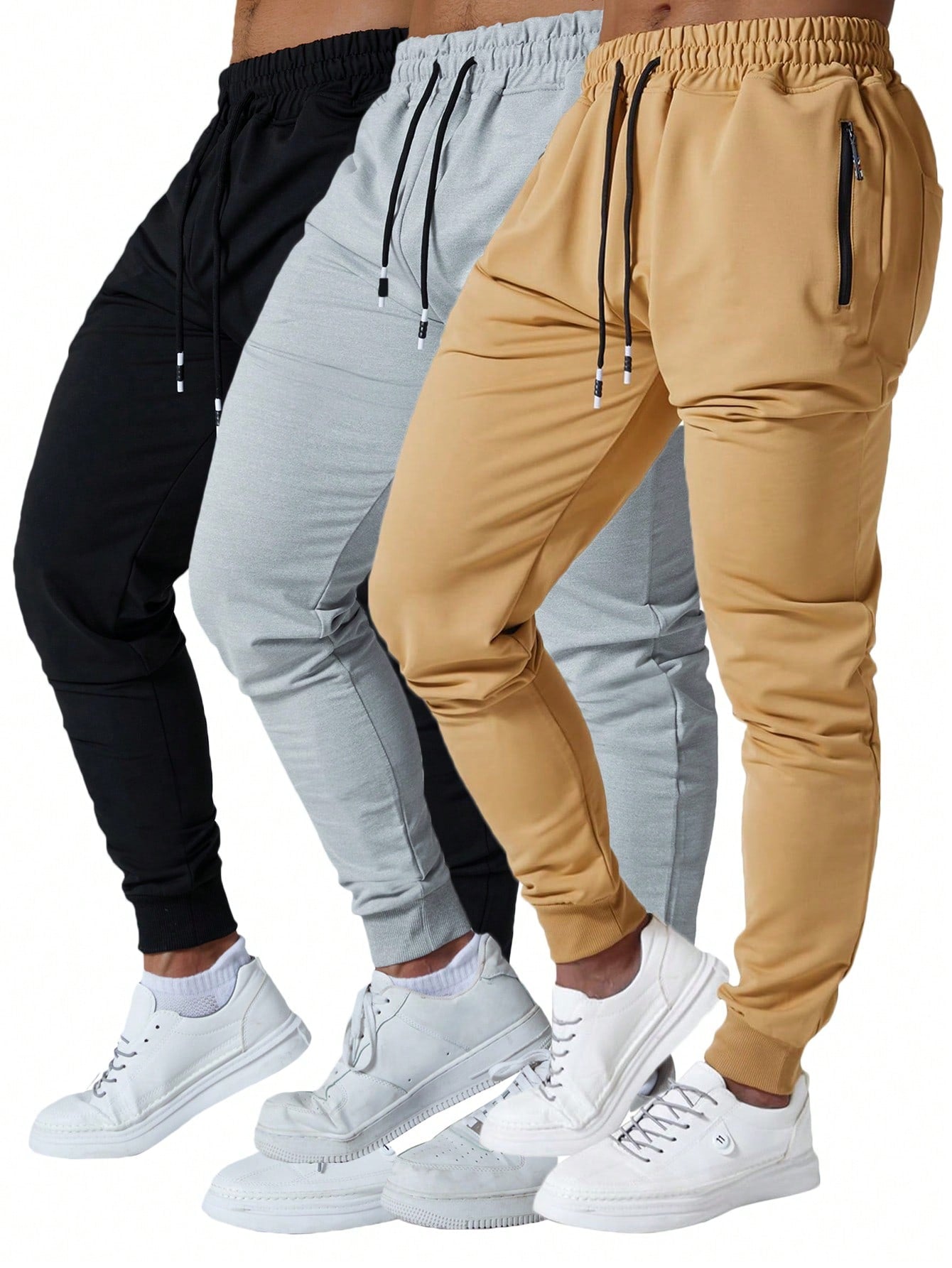 3 Pcs Mens Jogger Sweatpants With Drawstring Zipped Pockets Athletic Track Pants For Gym Running Workout