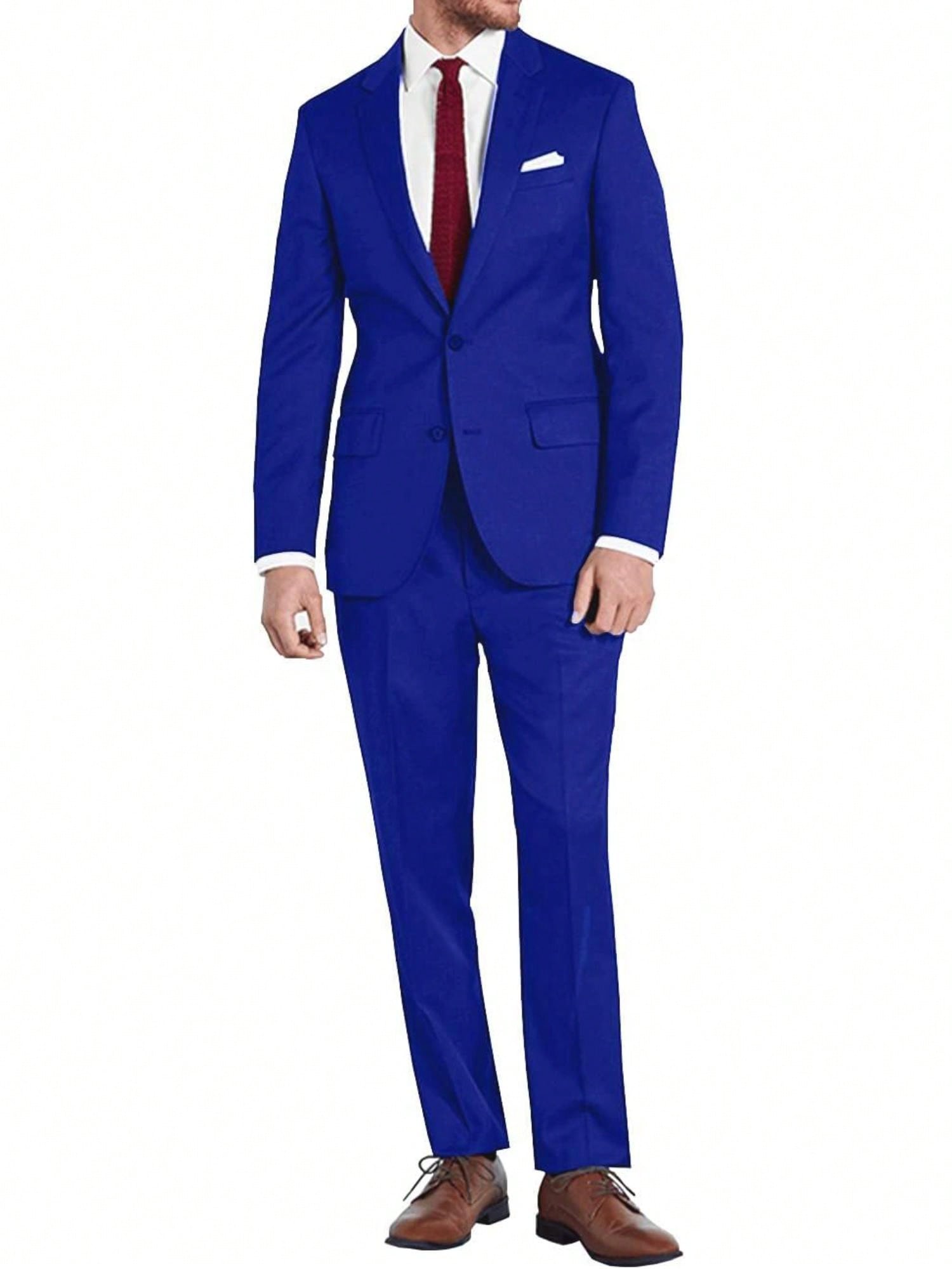 Mens Slim Fit 2 Piece Suit Two Button Notched Lapel Solid Suit Jacket Pants Set Tuxedo For Prom,Royal Blue