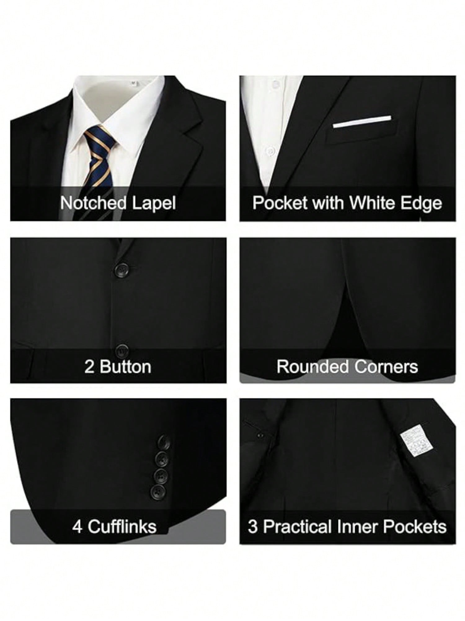 Mens Slim Fit 2 Piece Suit Two Button Notched Lapel Solid Suit Jacket Pants Set Tuxedo For Prom,Black