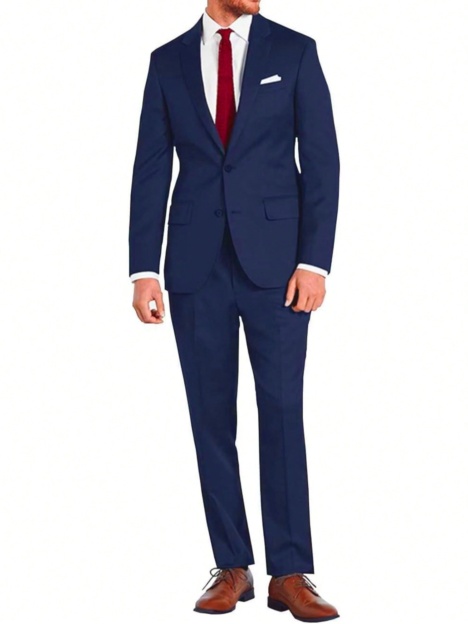 Mens Slim Fit 2 Piece Suit Two Button Notched Lapel Solid Suit Jacket Pants Set Tuxedo For Prom,Navy Blue