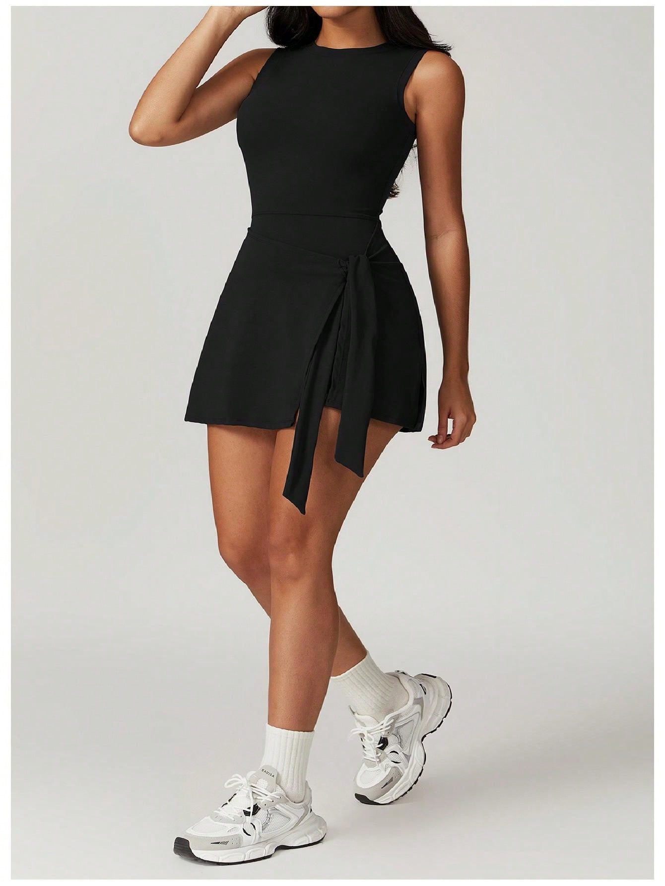 Women's Solid Knot Side 2 In 1 Sports Dress, Sporty Round Neck Sleeveless Short Dress For Daily Outdoor Wear, Ladies Sportswear For All Seasons