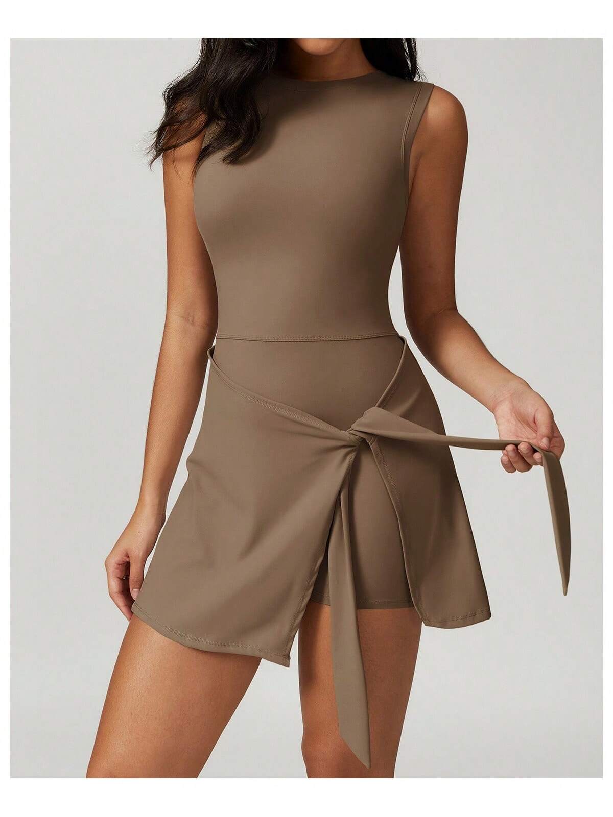 Women's Solid Knot Side 2 In 1 Sports Dress, Sporty Round Neck Sleeveless Short Dress For Daily Outdoor Wear, Ladies Sportswear For All Seasons