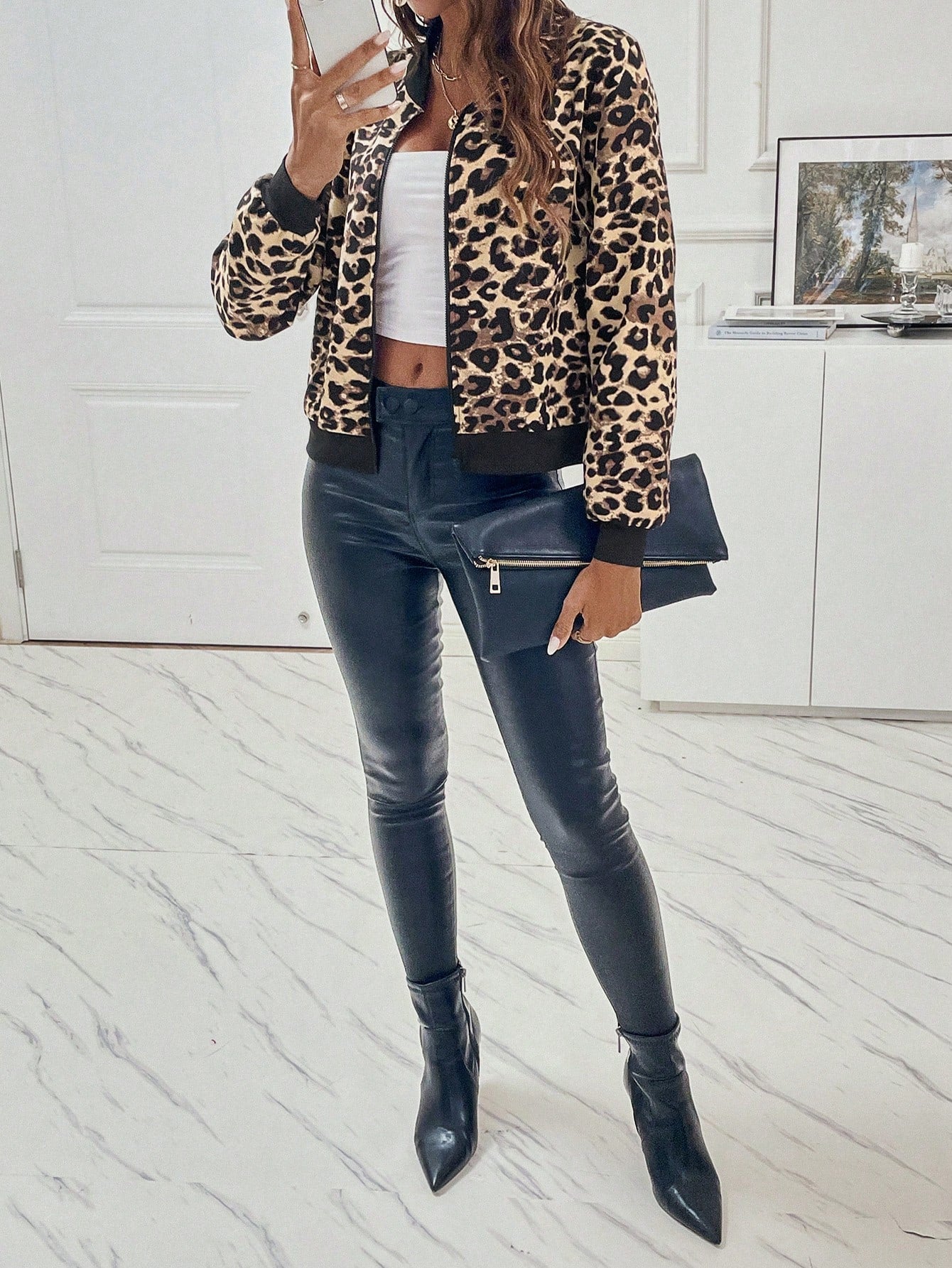 Relaxiva Leopard Print Zip Up Bomber Jacket