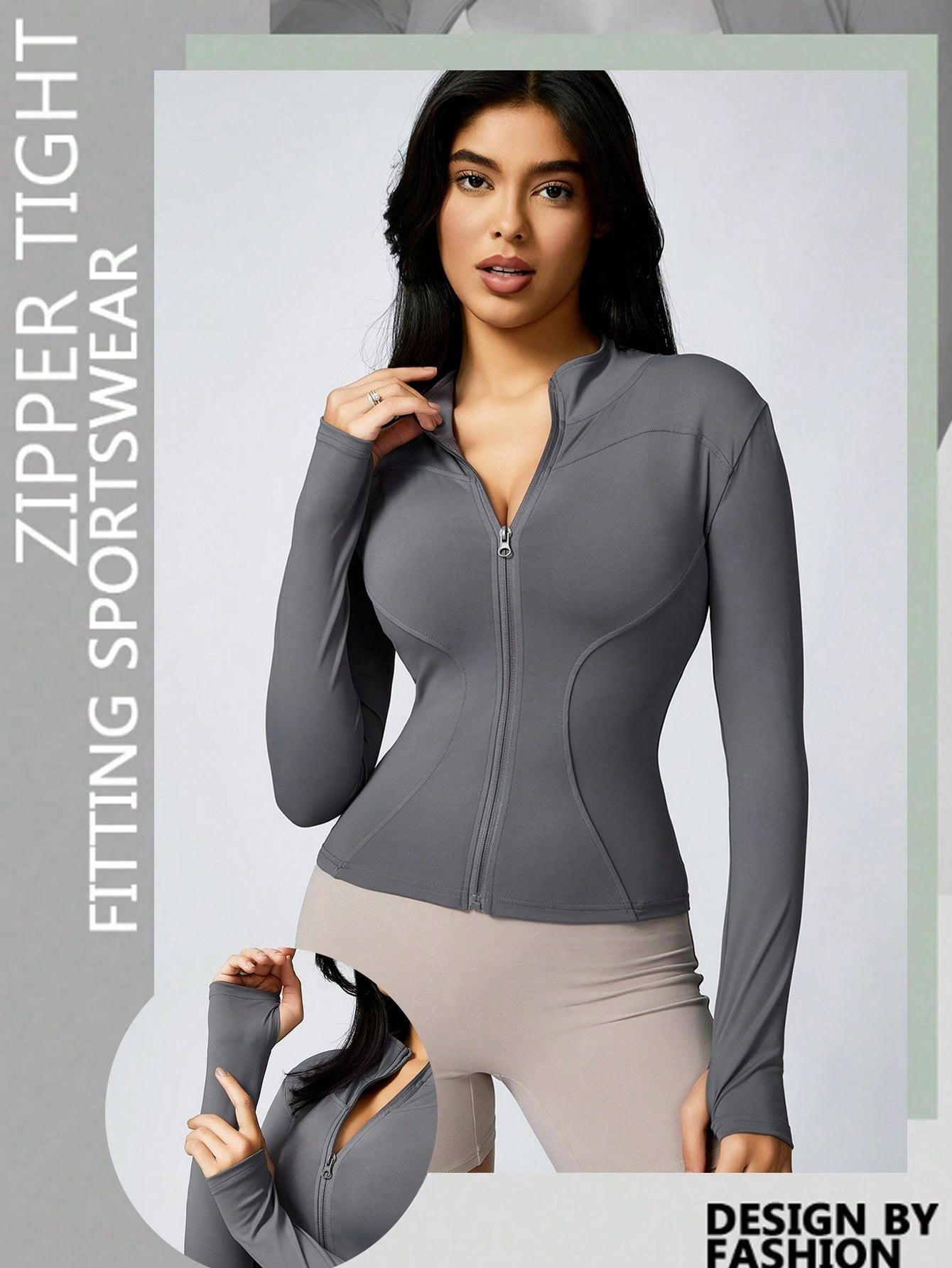 1Pc Women's Solid Color Jacket Thumb Hole Gym Clothes Long Sleeved Sports Zipper Tight Workout Tops Yoga Daily Fall
