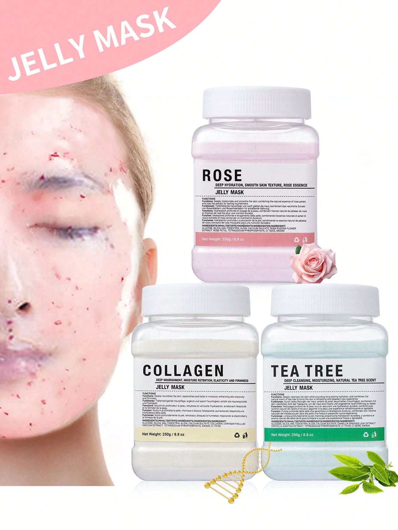 Rose/Tea Tree/Collagen Jelly Face Mask Powder - Moisturizing, Improving, And Hydrating Facial Skin Care - Natural Gel Peel Off Mask For Glowing Complexion, Perfect Gift