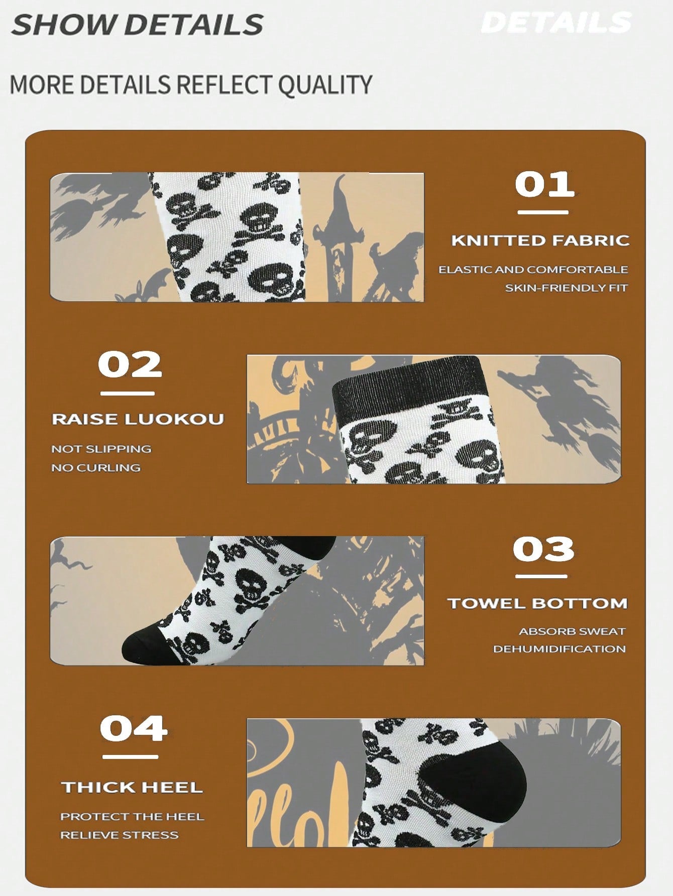 Sports Outdoor 4 Pairs Skull Printed Professional Outdoor Running Sports Long Compression Socks, Suitable For Long Standing Population