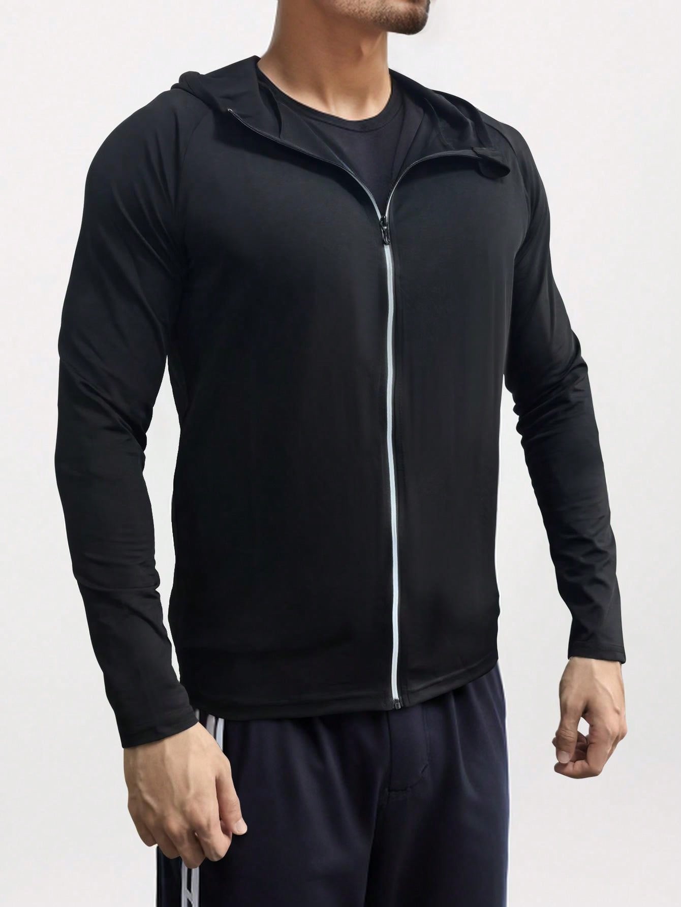 Black Sports Fitness Hoodie Boyfriend Style Men's Dry Fit Moisture Wicking Long Sleeve Active Athletic Hoodie Pullover Sweatshirt