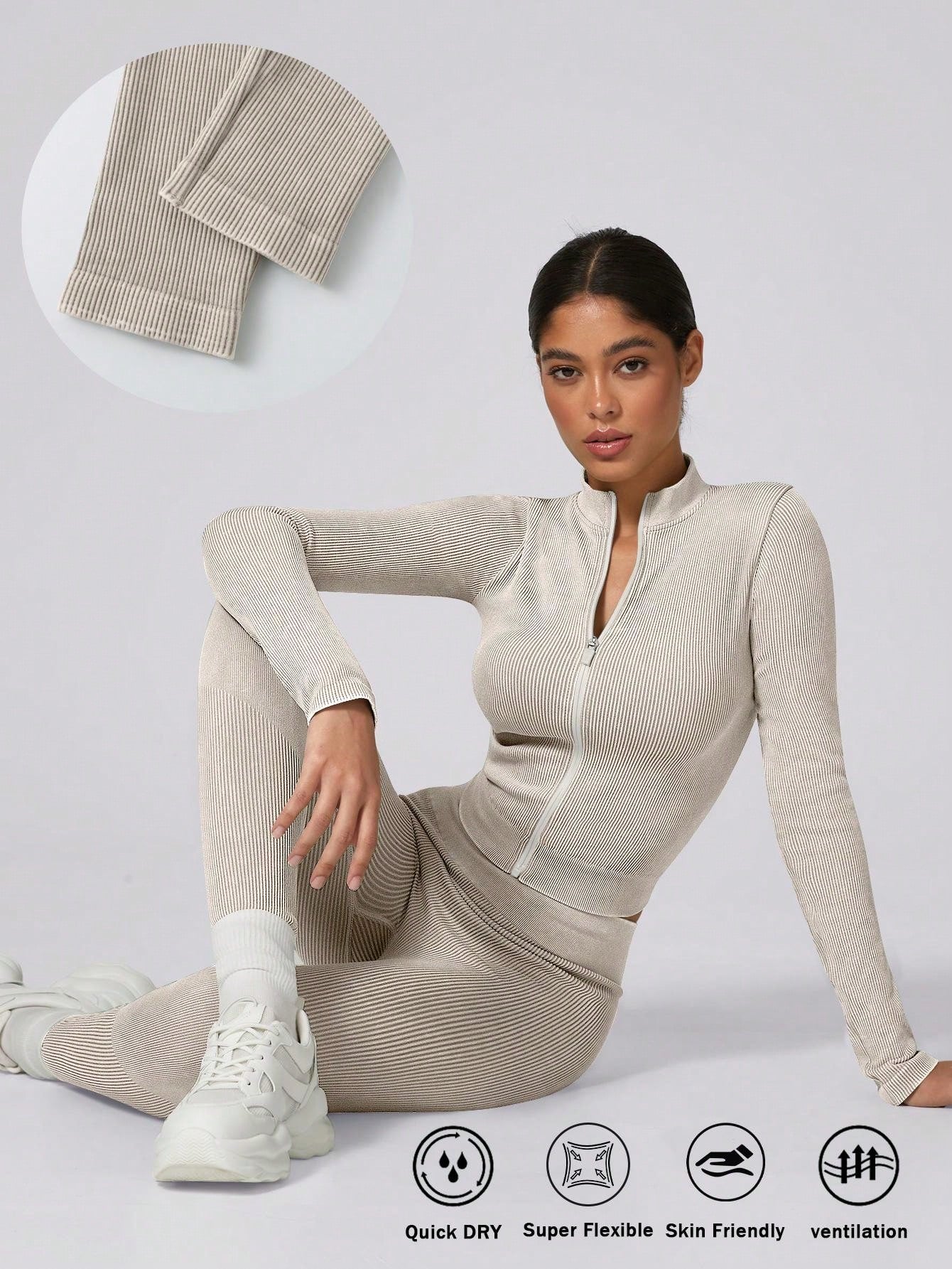 1 Set Women Winter Long Active Wear, Ribbed Zipper Base Layer Sportswear Set - Jacket And Stretchy Butt-Lifting Sweatpants