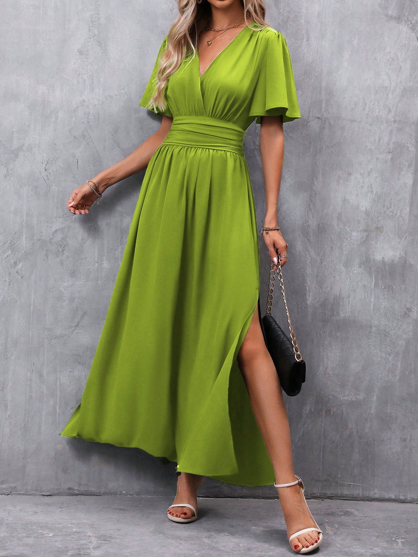 Clasi Butterfly Sleeve Ruched Waist Split Thigh Dress,Ladies Casual Ruched,Shirred,Split Thigh,Wrap Short Sleeve V Neck Regular Fit Long Dark Green Flounce Sleeve Plain A Line Women Long Dresses,Spring/Summer,Casual Daily Wear Maxi Women Outfit