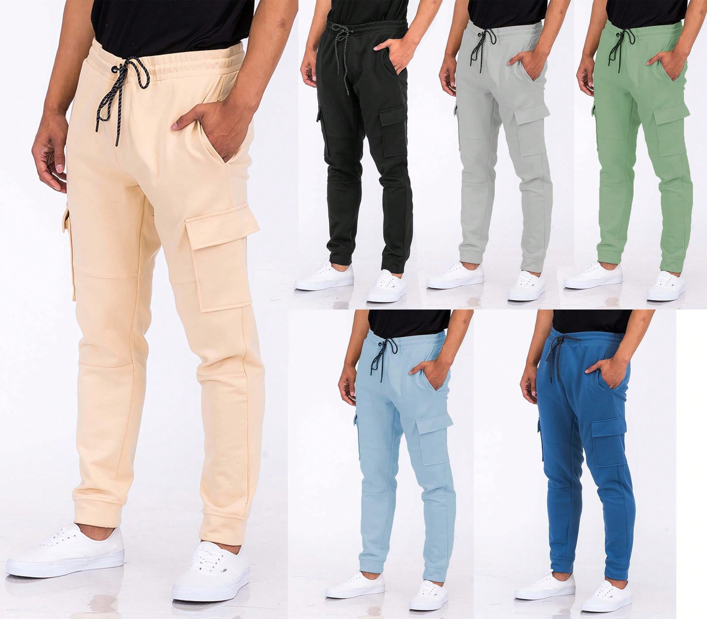Mens Cotton Blend Cargo Pocket Elastic Waist Casual Jogger Pant Sweats