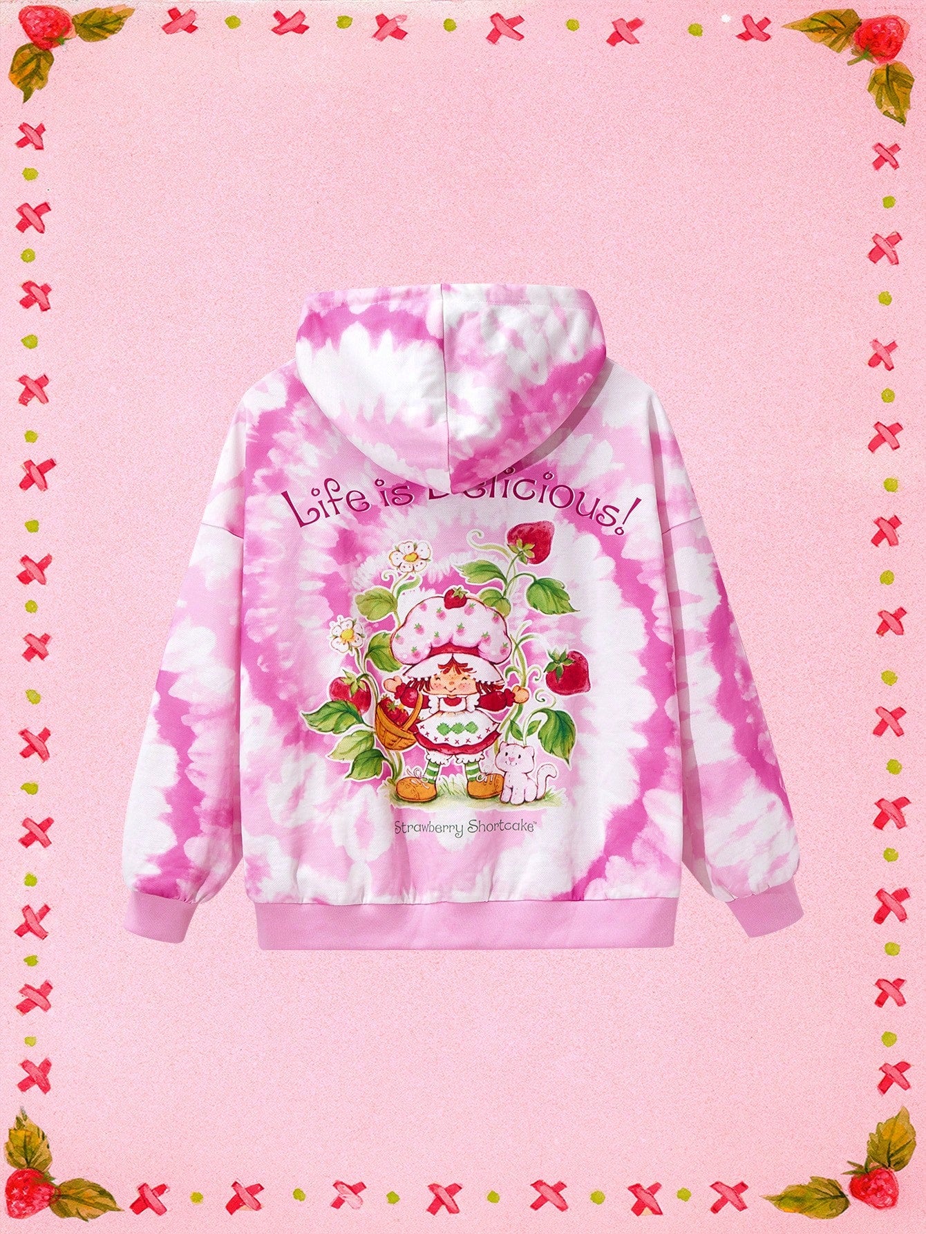 Strawberry Shortcake X SHEIN Plus Size Women Casual Cute Kangaroo Pocket Heart Tie Dye Print Drawstring Hoodie, Autumn