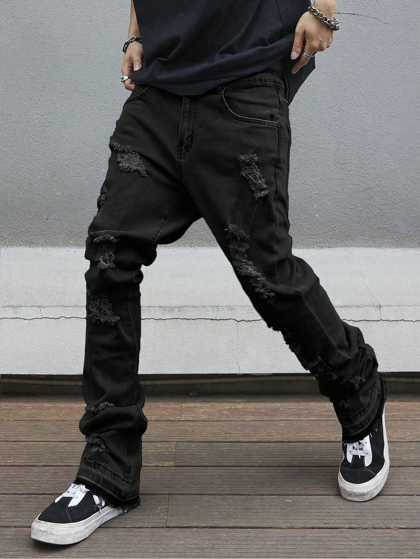 Manfinity LEGND Tight Flare Hem Full Length Distressed Pockets Plain Color Denim Jeans