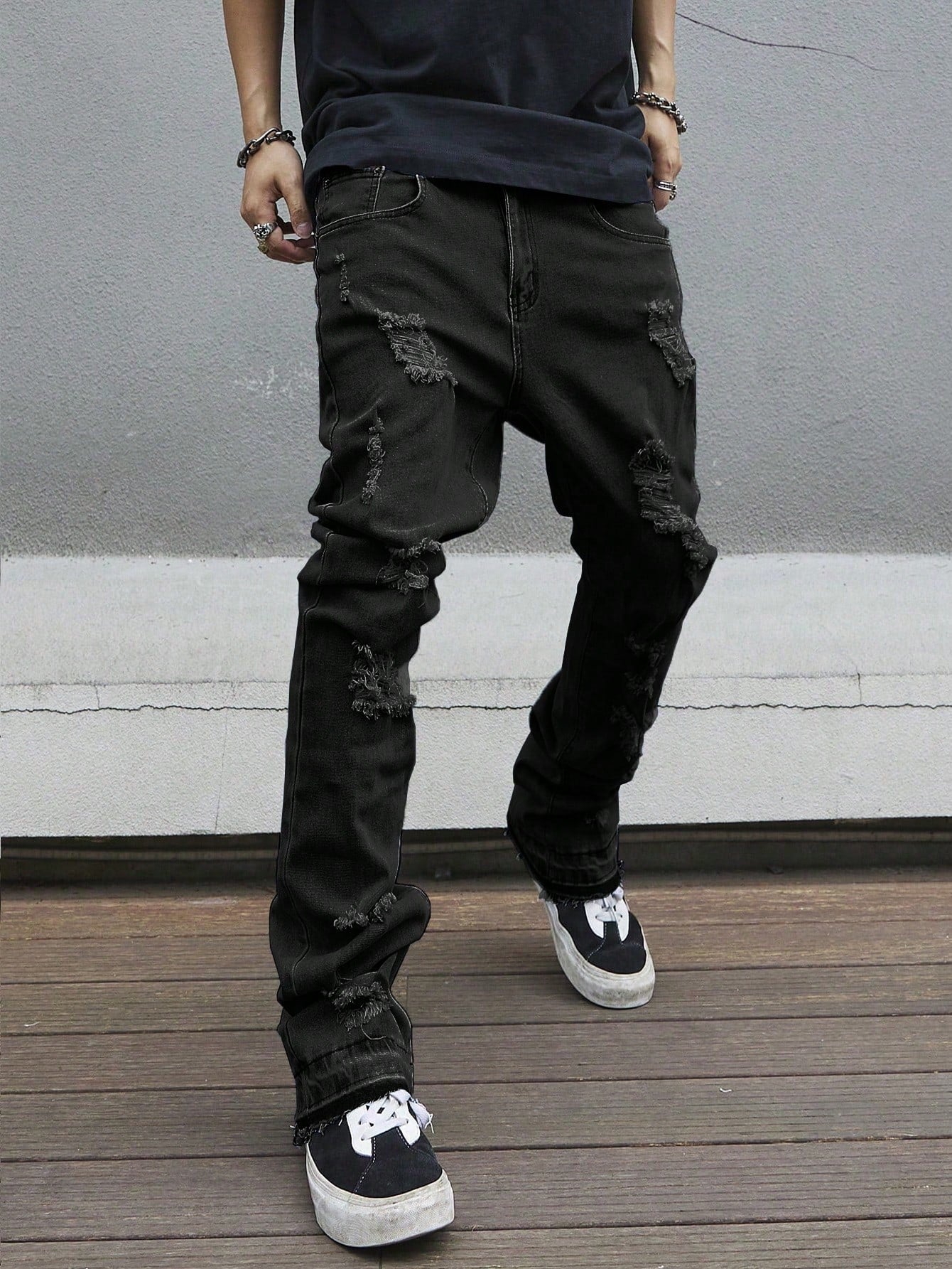 Manfinity LEGND Tight Flare Hem Full Length Distressed Pockets Plain Color Denim Jeans