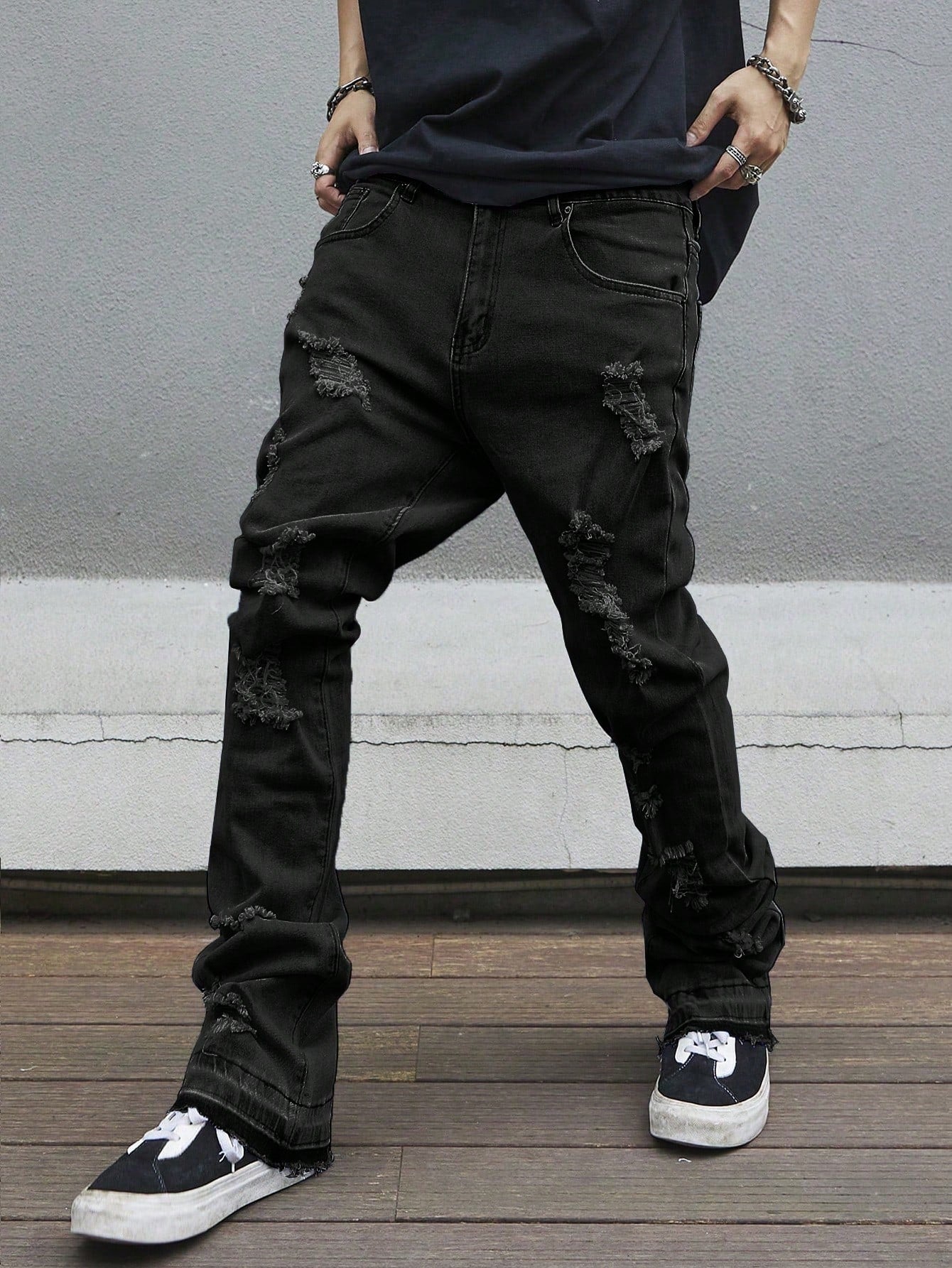 Manfinity LEGND Tight Flare Hem Full Length Distressed Pockets Plain Color Denim Jeans