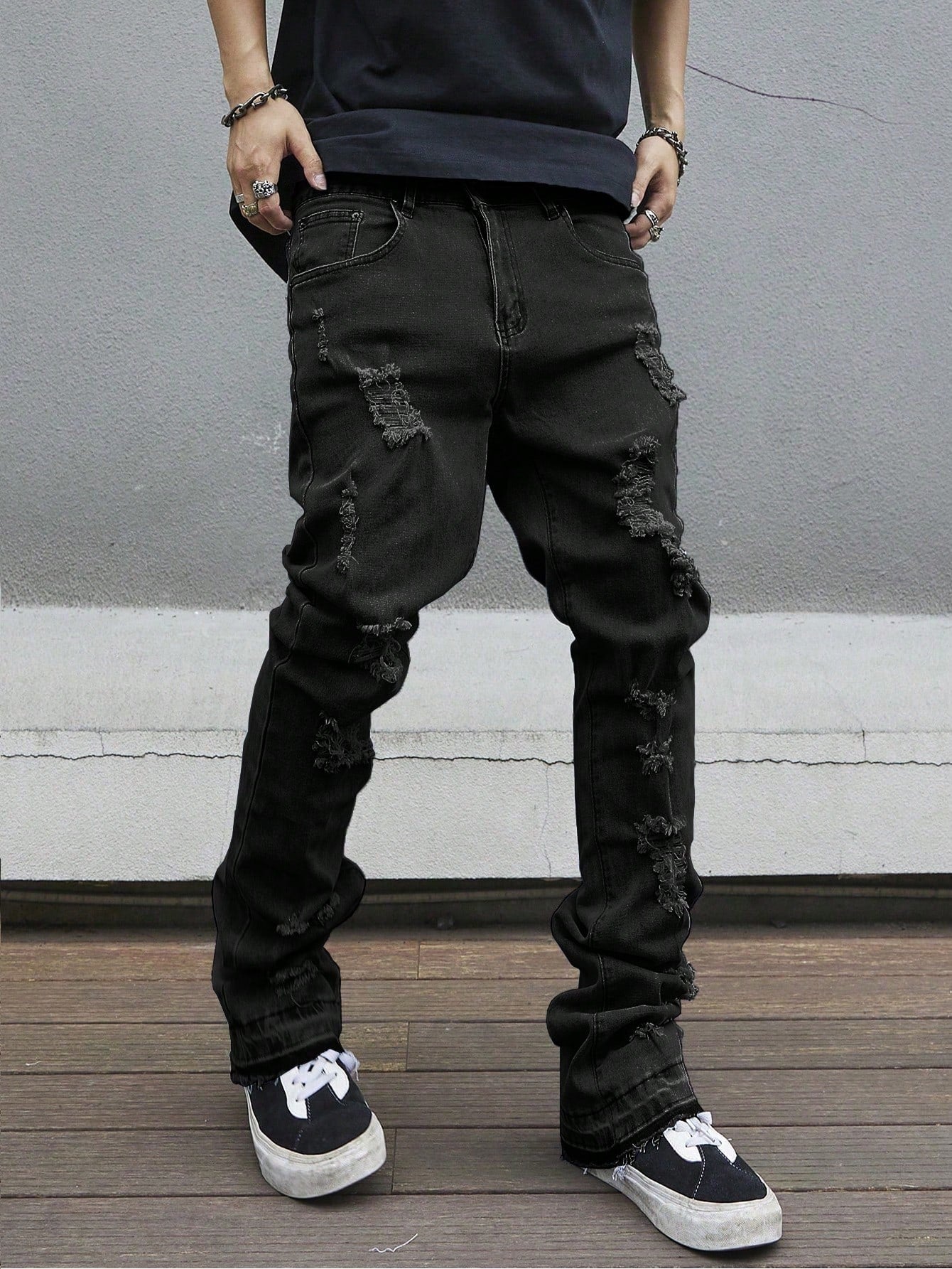 Manfinity LEGND Tight Flare Hem Full Length Distressed Pockets Plain Color Denim Jeans