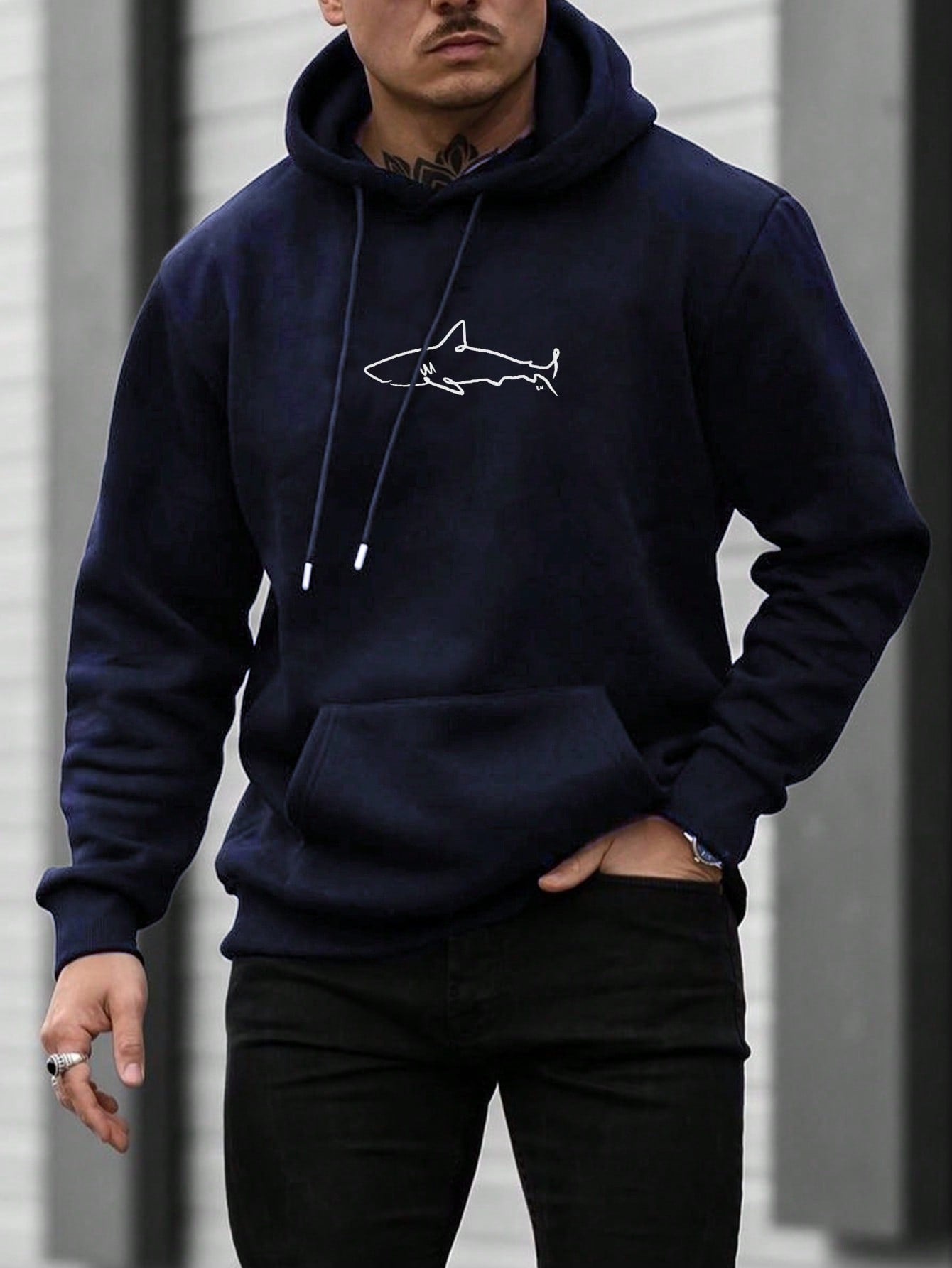 Men Shark Print Kangaroo Pocket Drawstring Hoodie