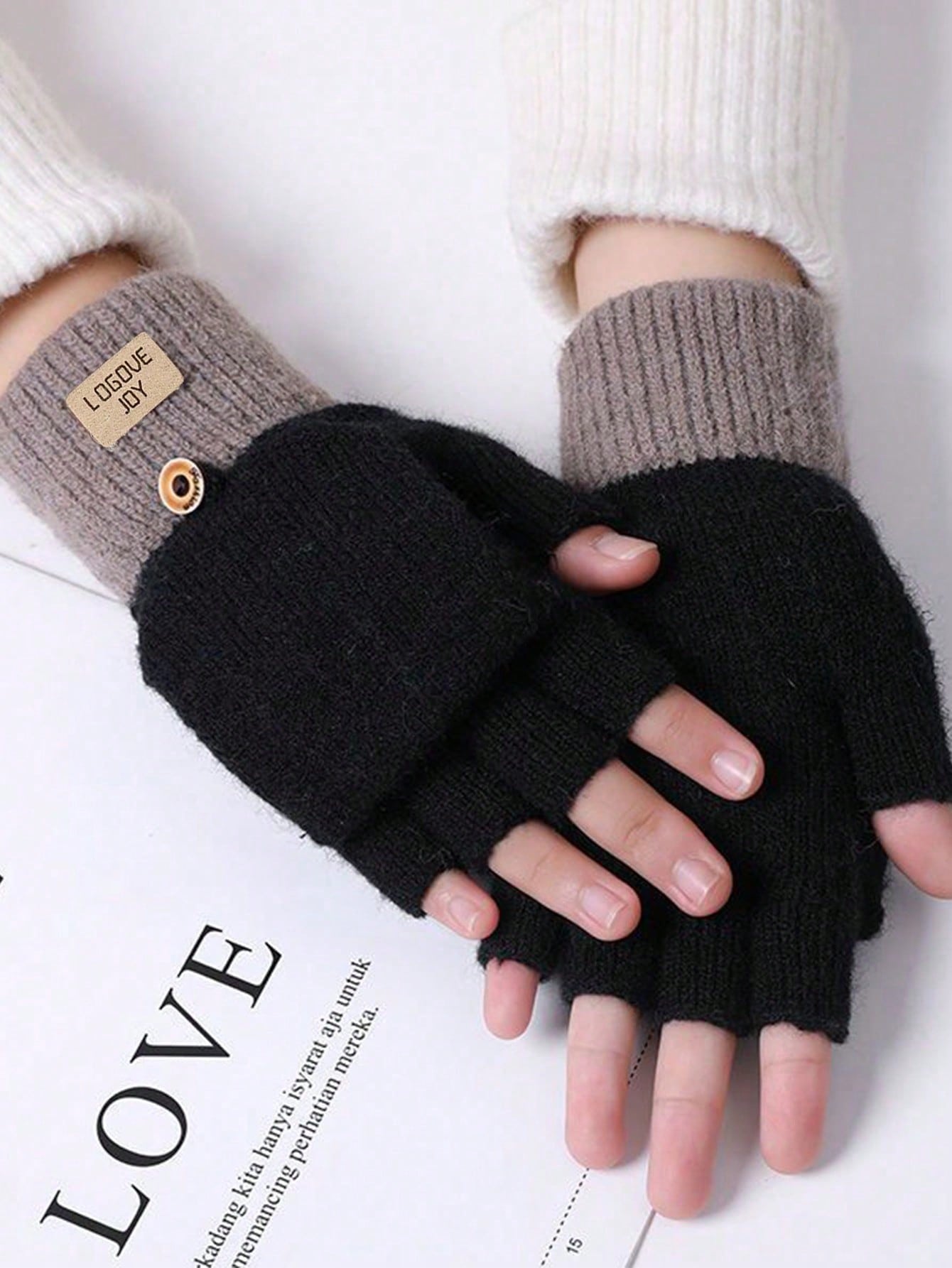 1 Pair Open Finger Gloves, Faux Alpaca Fleece Knit Half Finger Flip-Top Fingerless Gloves, Warm For Unisex Office/School Wear In Winter