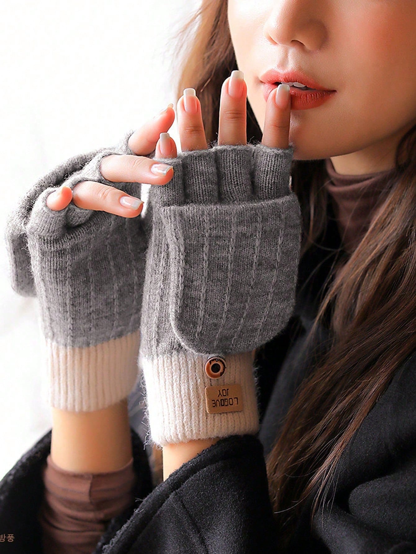 1 Pair Open Finger Gloves, Faux Alpaca Fleece Knit Half Finger Flip-Top Fingerless Gloves, Warm For Unisex Office/School Wear In Winter