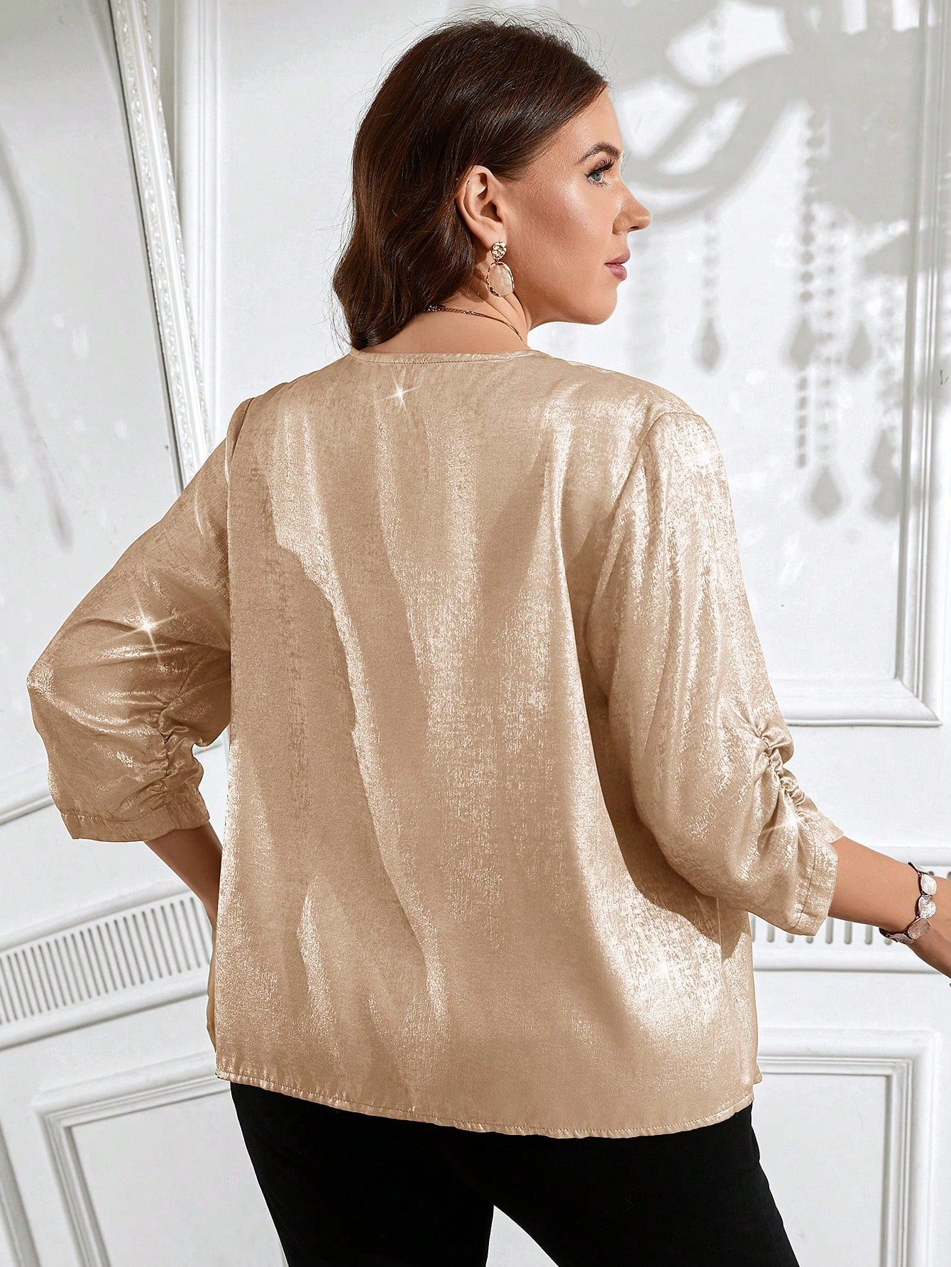 Clasi Plus Size Casual Jacket With Metallic Crinkle Sleeve, Autumn