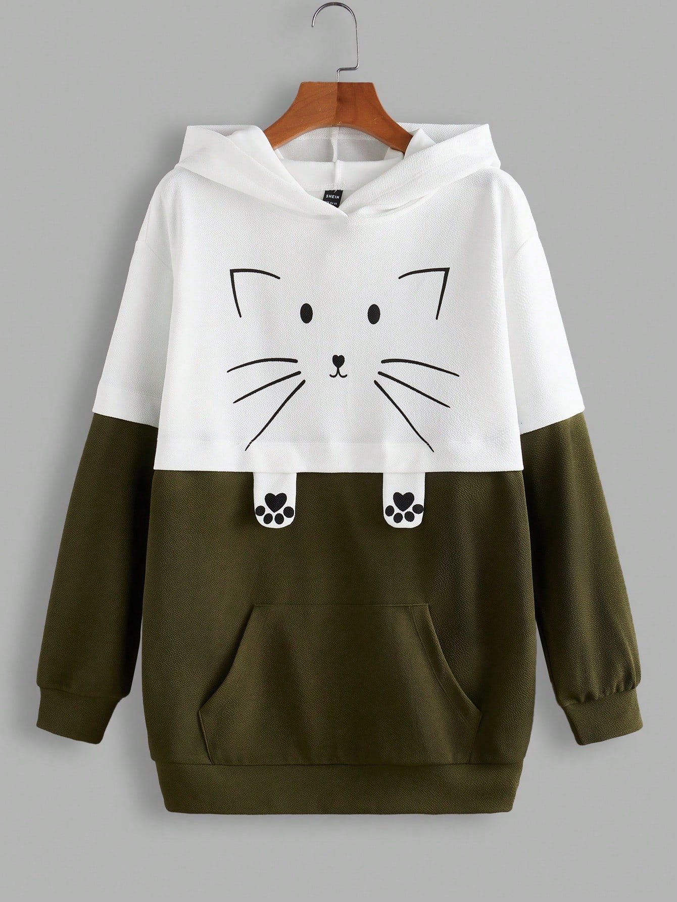 Mulvari Cat Print Pocket Front Two Tone Hoodie