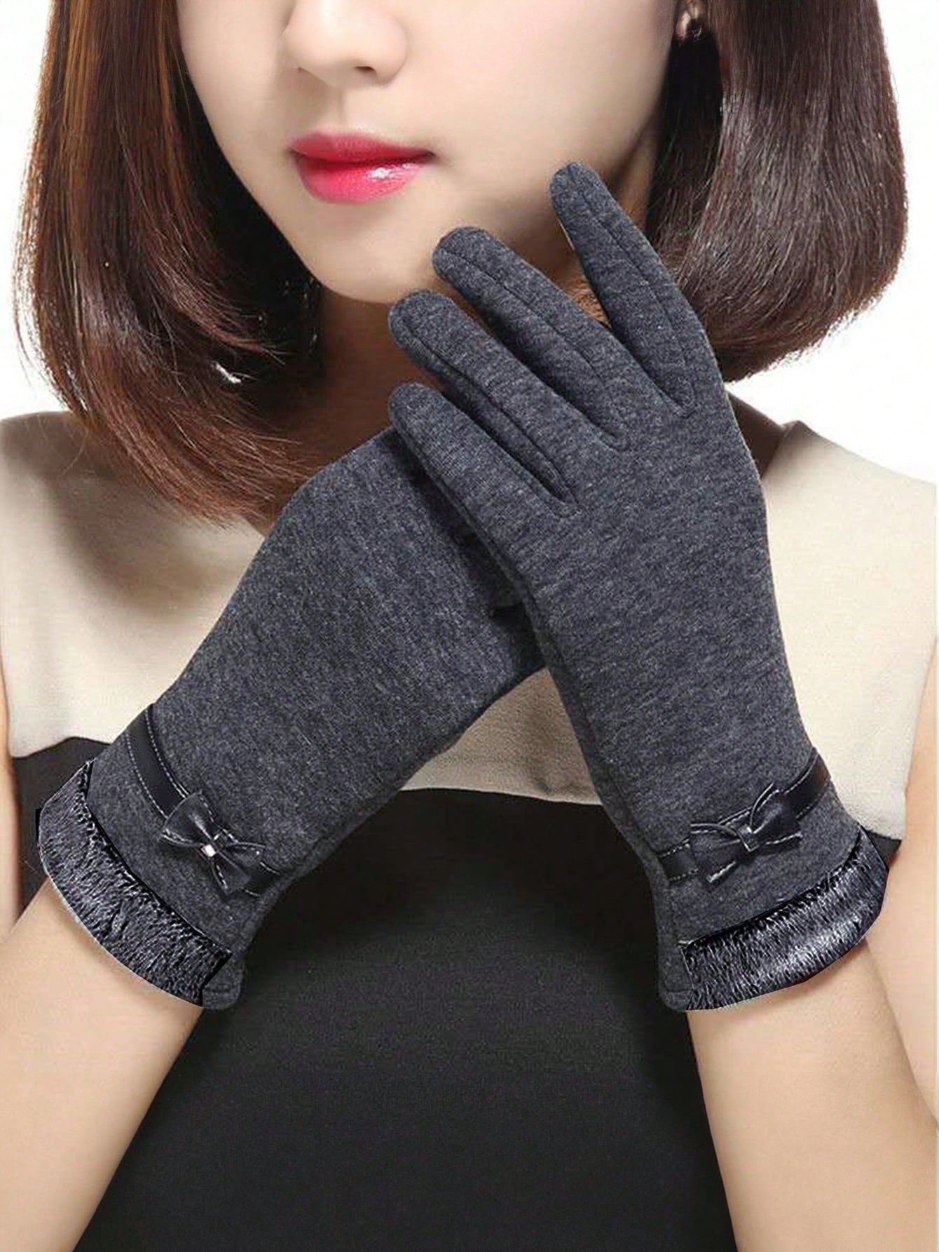 1 Pair Of Autumn And Winter Women's Velvet Touch Screen Warm Bow Slim Gloves Casual Cycling Gloves