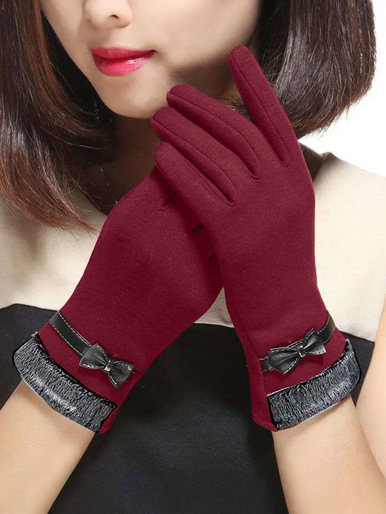 1 Pair Of Autumn And Winter Women's Velvet Touch Screen Warm Bow Slim Gloves Casual Cycling Gloves