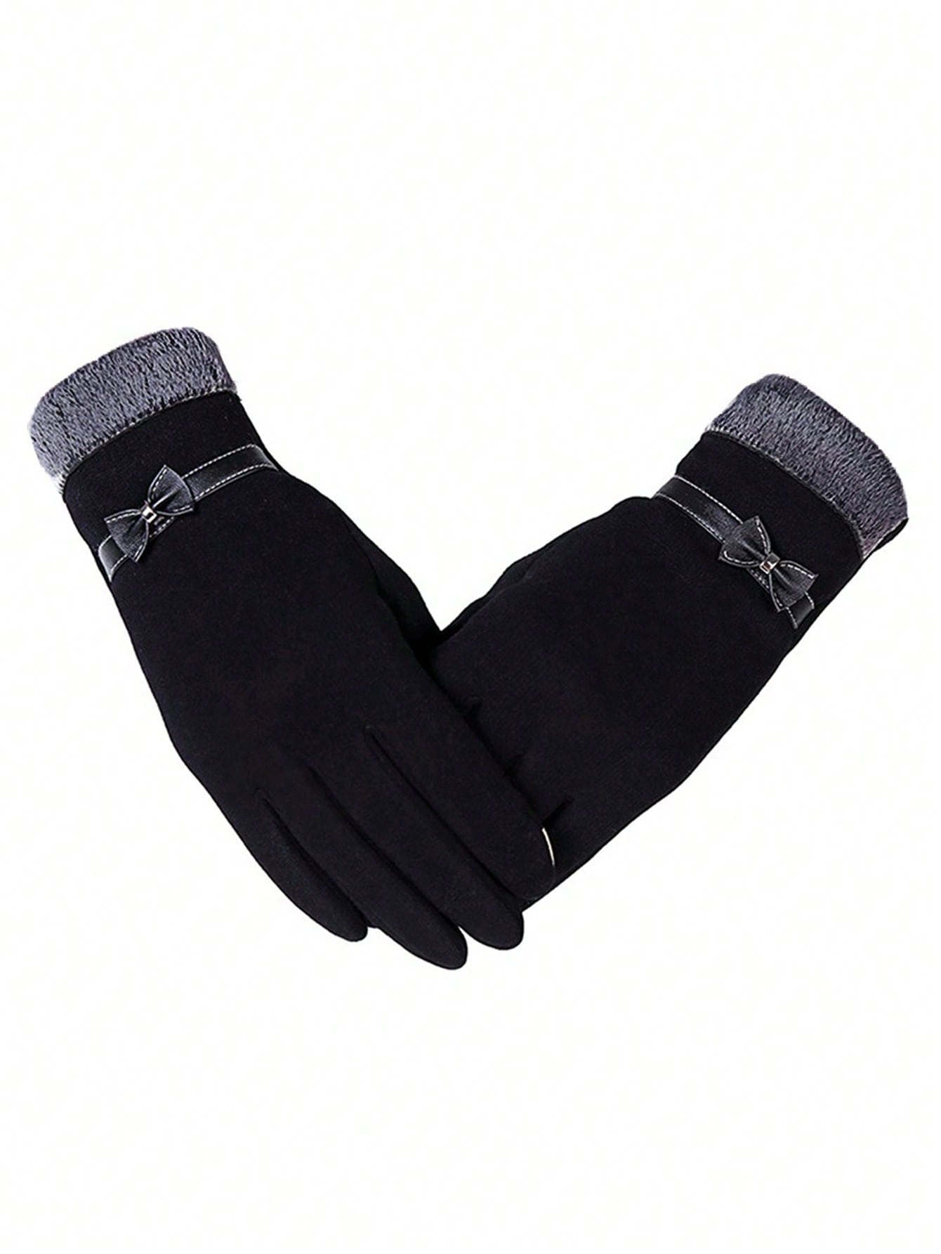 1 Pair Of Autumn And Winter Women's Velvet Touch Screen Warm Bow Slim Gloves Casual Cycling Gloves