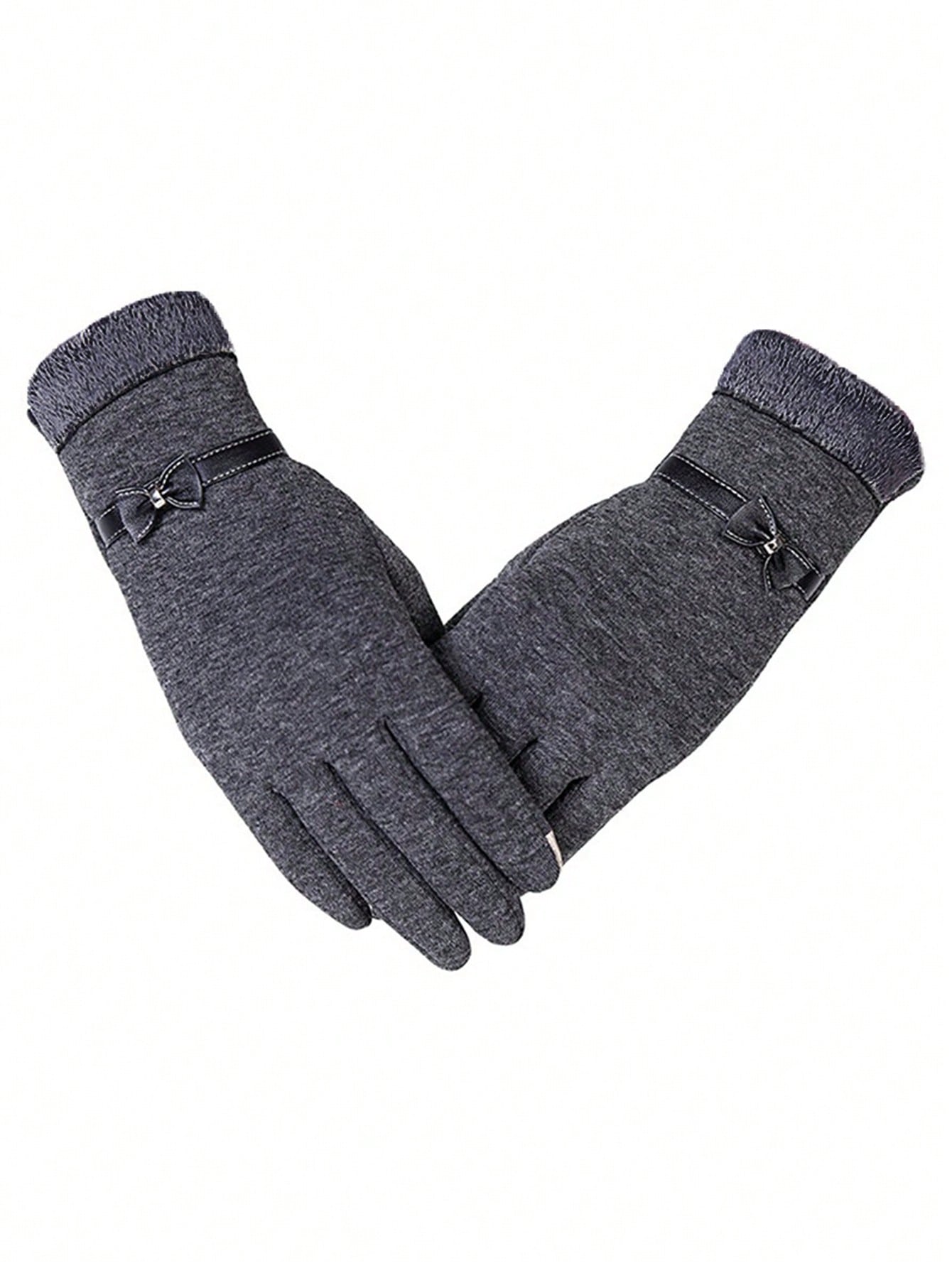 1 Pair Of Autumn And Winter Women's Velvet Touch Screen Warm Bow Slim Gloves Casual Cycling Gloves