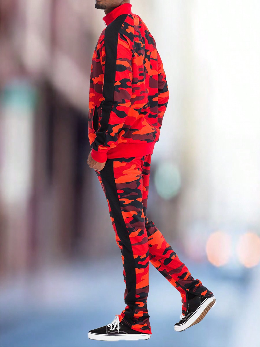 Mens Camo Camoflauge Zip Up Lightweight Set Co-Ord Letter Print Long Sleeve Two-Piece Set