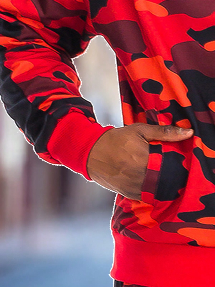 Mens Camo Camoflauge Zip Up Lightweight Set Co-Ord Letter Print Long Sleeve Two-Piece Set