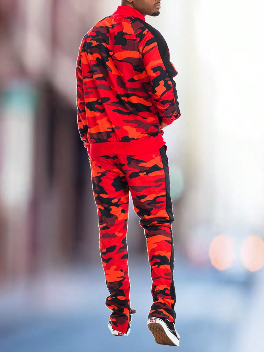 Mens Camo Camoflauge Zip Up Lightweight Set Co-Ord Letter Print Long Sleeve Two-Piece Set