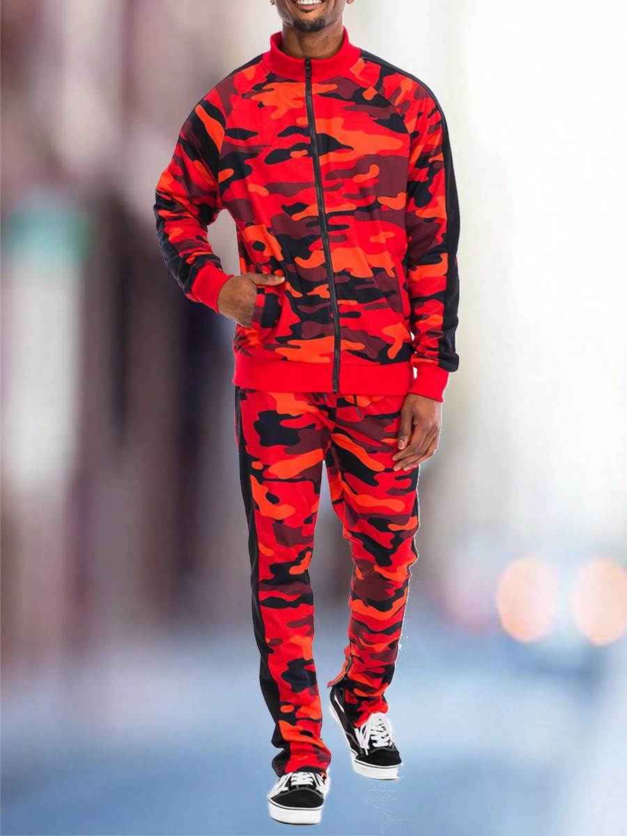 Mens Camo Camoflauge Zip Up Lightweight Set Co-Ord Letter Print Long Sleeve Two-Piece Set
