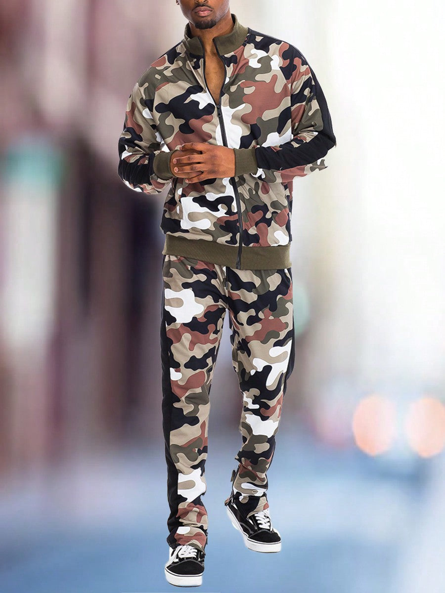 Mens Camo Camoflauge Zip Up Lightweight Set Co-Ord Letter Print Long Sleeve Two-Piece Set