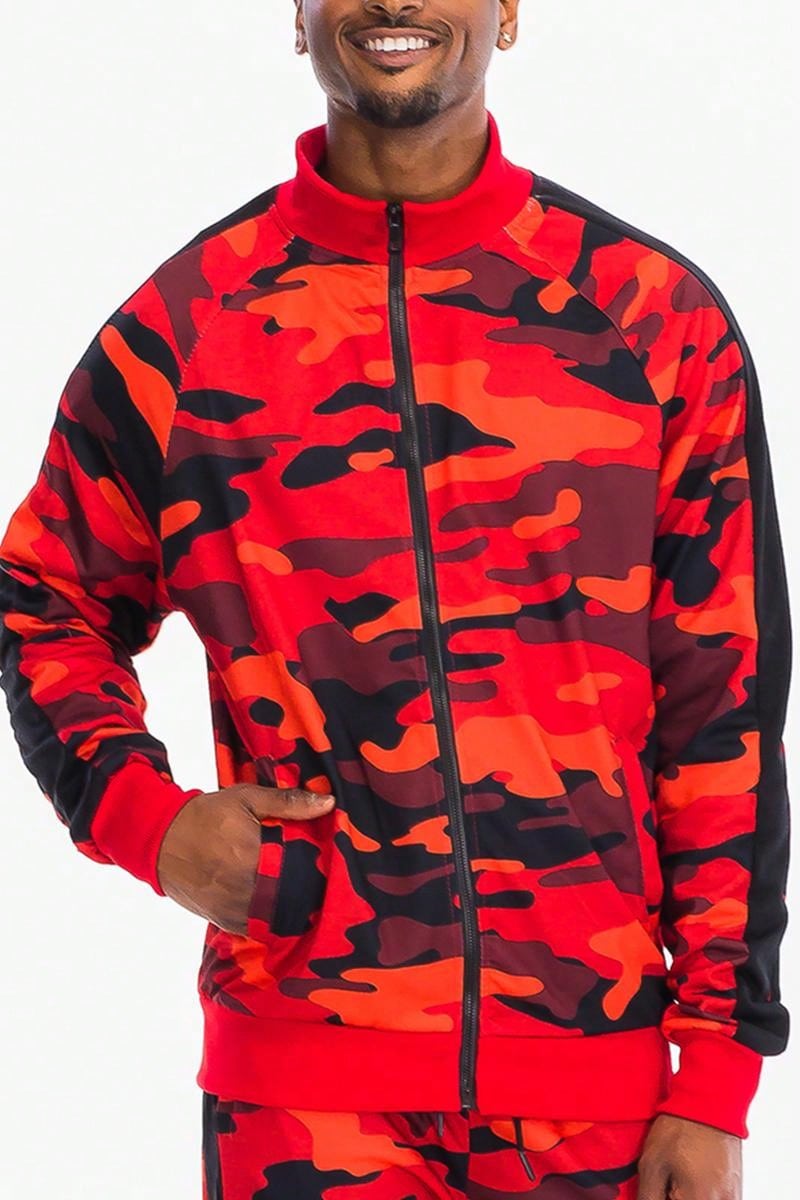 Mens Camo Camoflauge Zip Up Lightweight Set Co-Ord Letter Print Long Sleeve Two-Piece Set