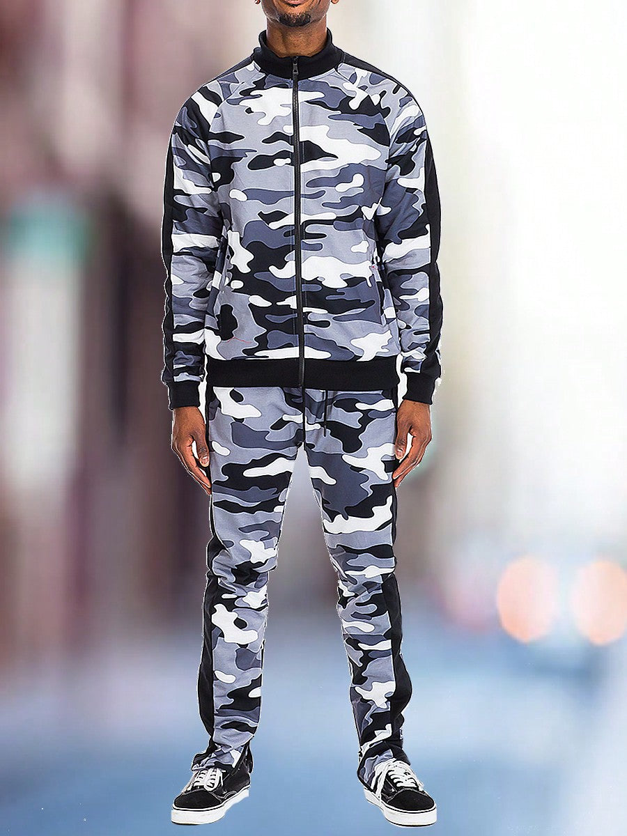 Mens Camo Camoflauge Zip Up Lightweight Set Co-Ord Letter Print Long Sleeve Two-Piece Set