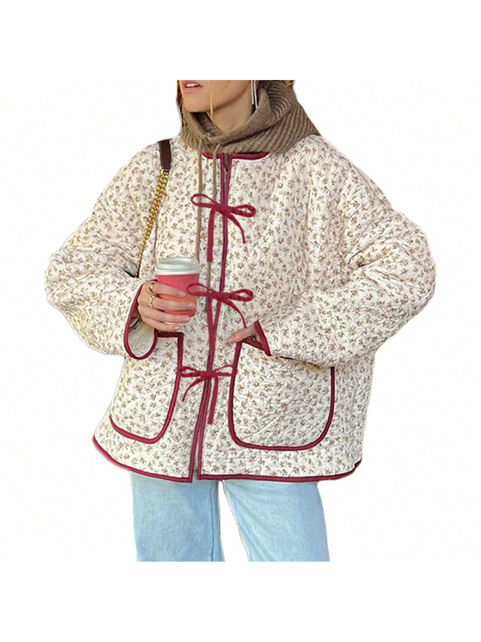 Womens Puffer Jacket Floral/Striped Lightweight Quilted Puffy Coat Fall Winter Zip Up Outwear