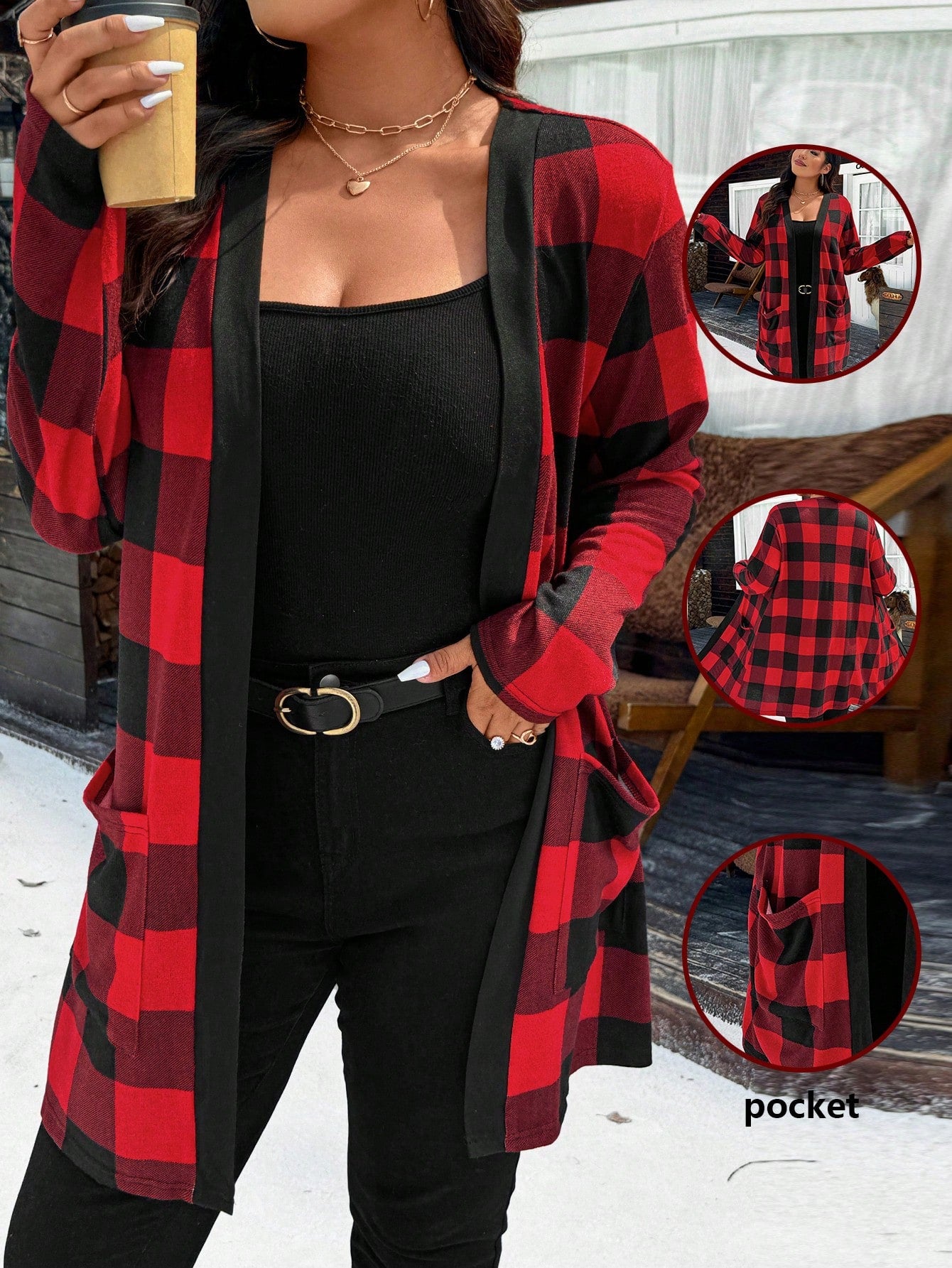 Relaxiva Plus Size Christmas Red Plaid Jacket With Dual Pockets For New Year