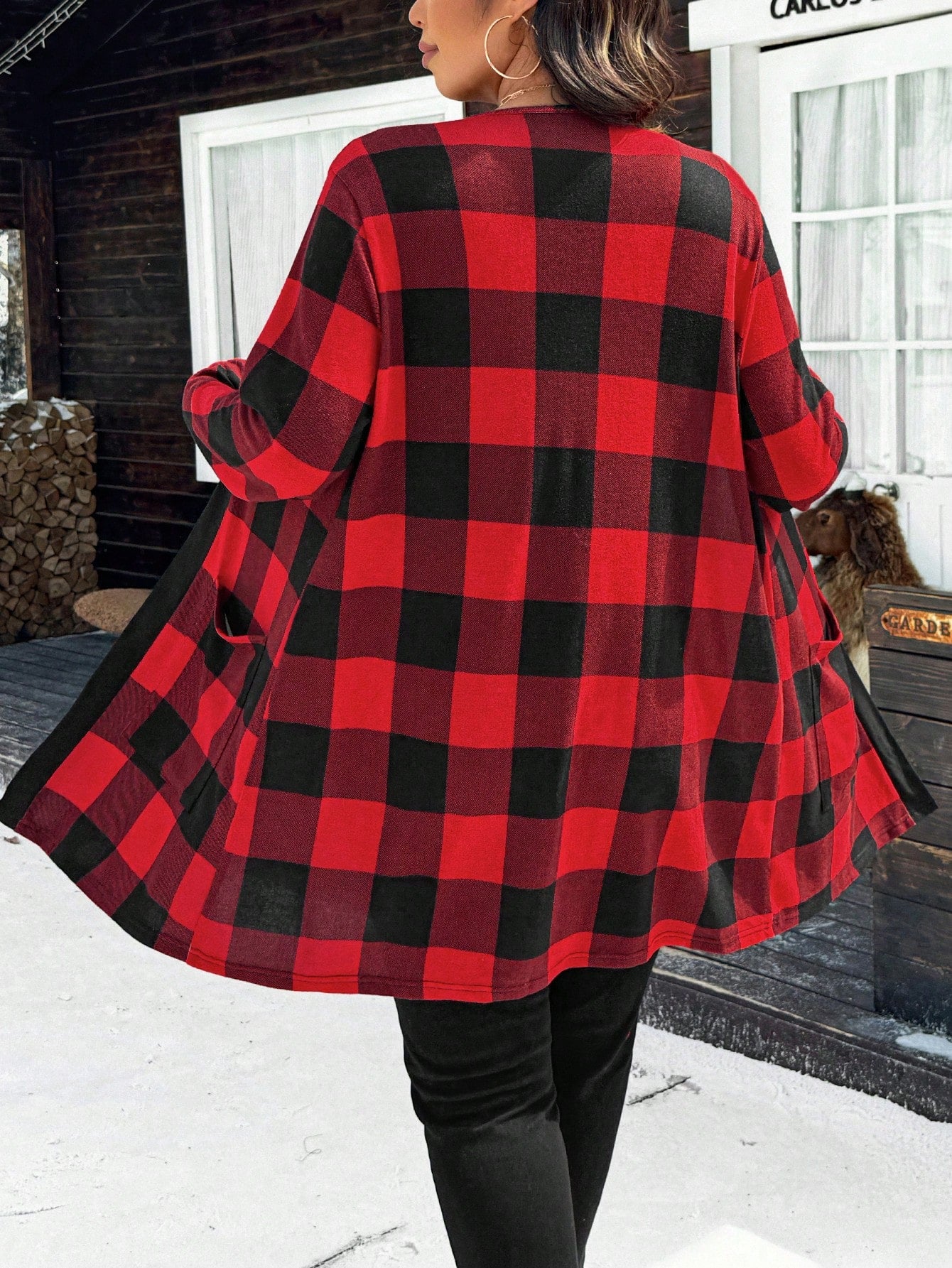 Relaxiva Plus Size Christmas Red Plaid Jacket With Dual Pockets For New Year