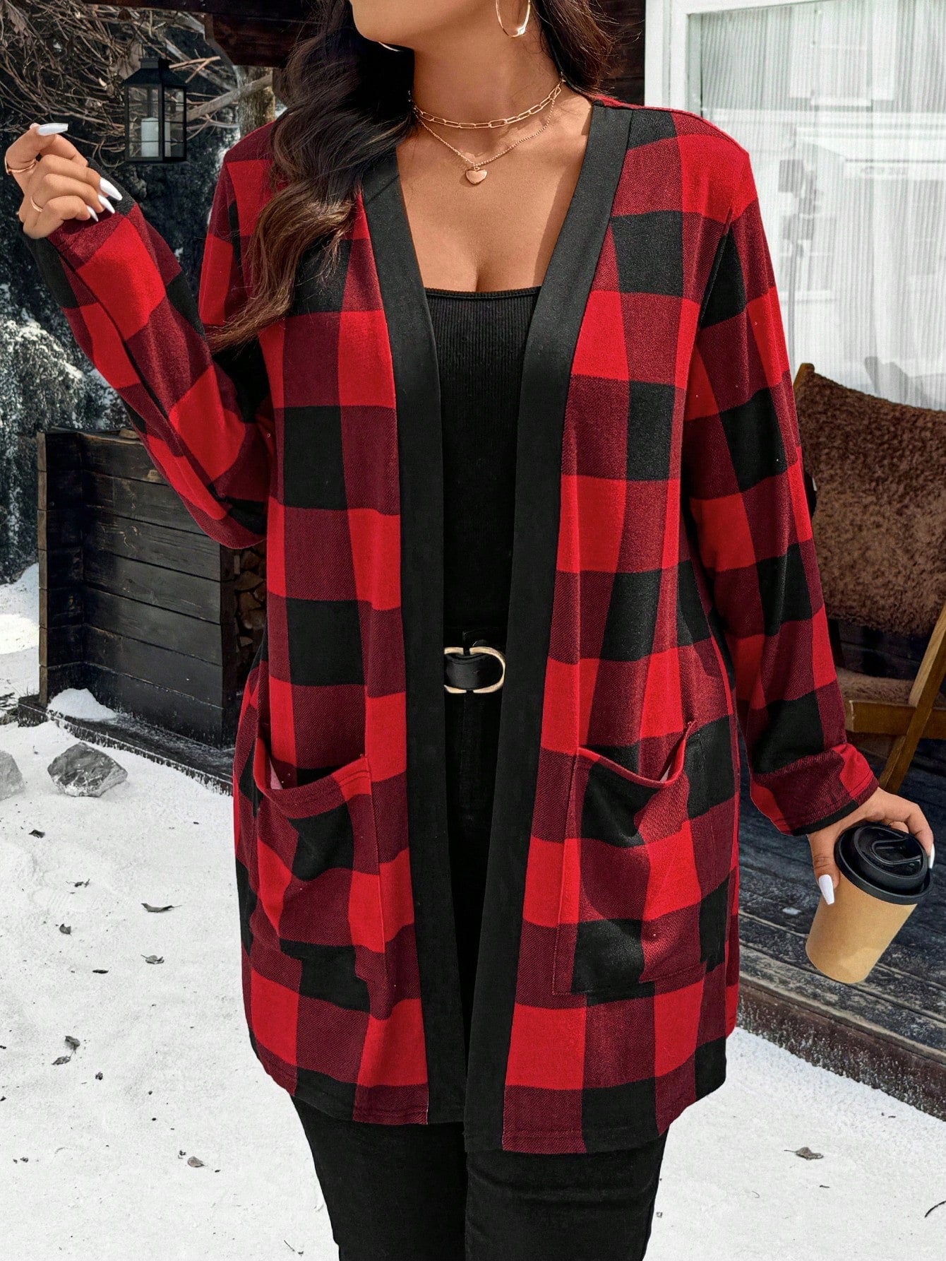 Relaxiva Plus Size Christmas Red Plaid Jacket With Dual Pockets For New Year