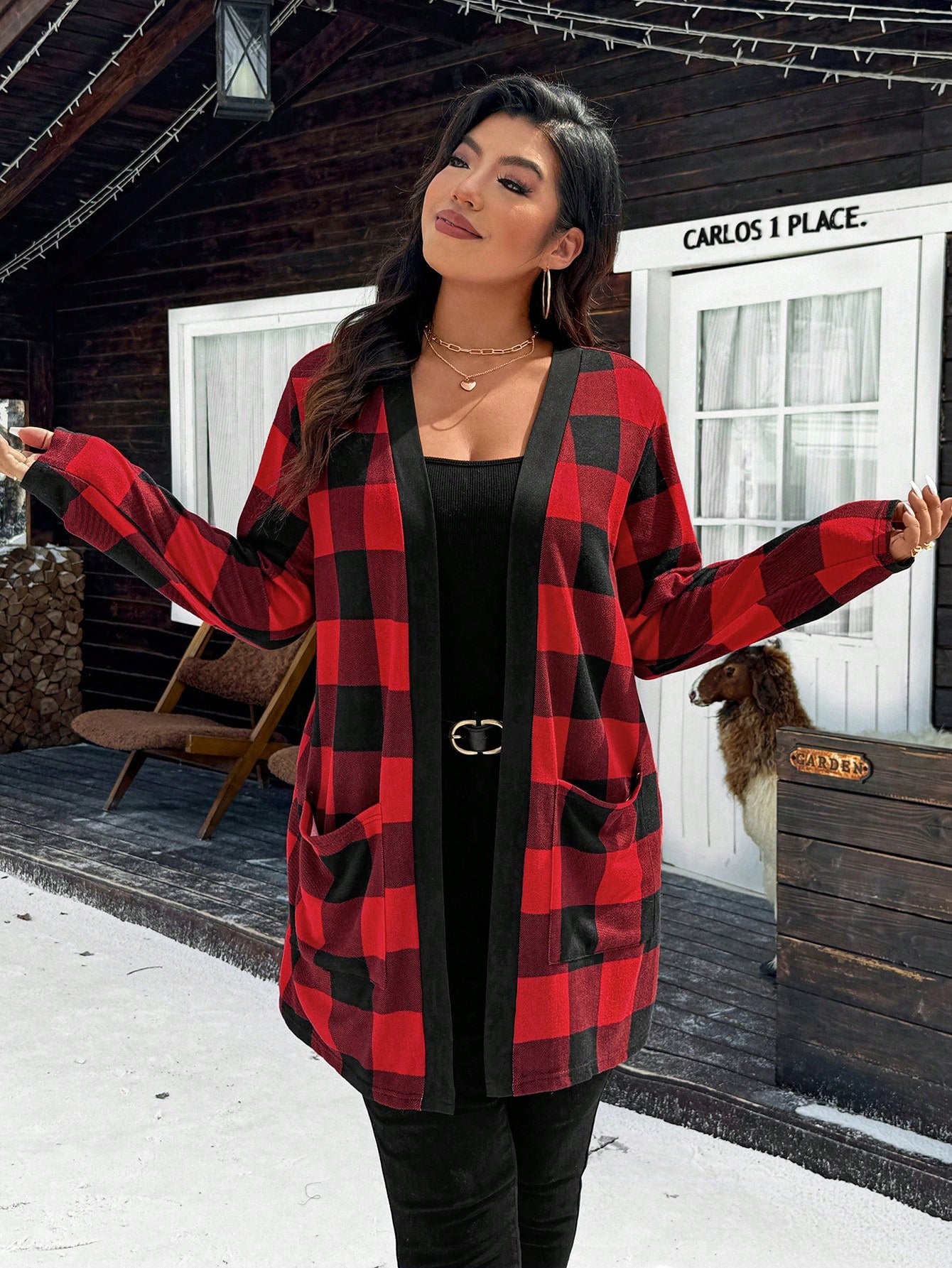 Relaxiva Plus Size Christmas Red Plaid Jacket With Dual Pockets For New Year