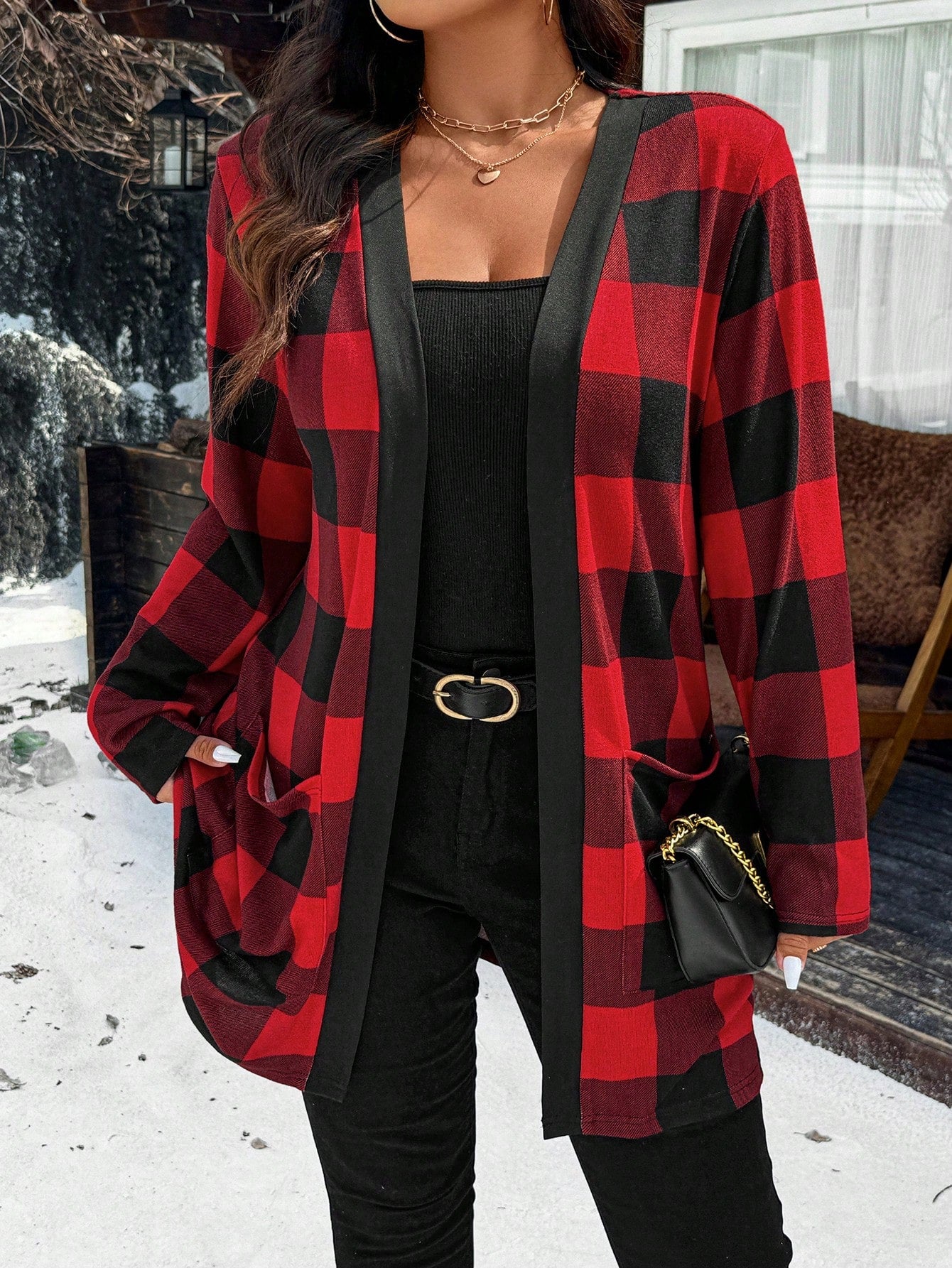 Relaxiva Plus Size Christmas Red Plaid Jacket With Dual Pockets For New Year