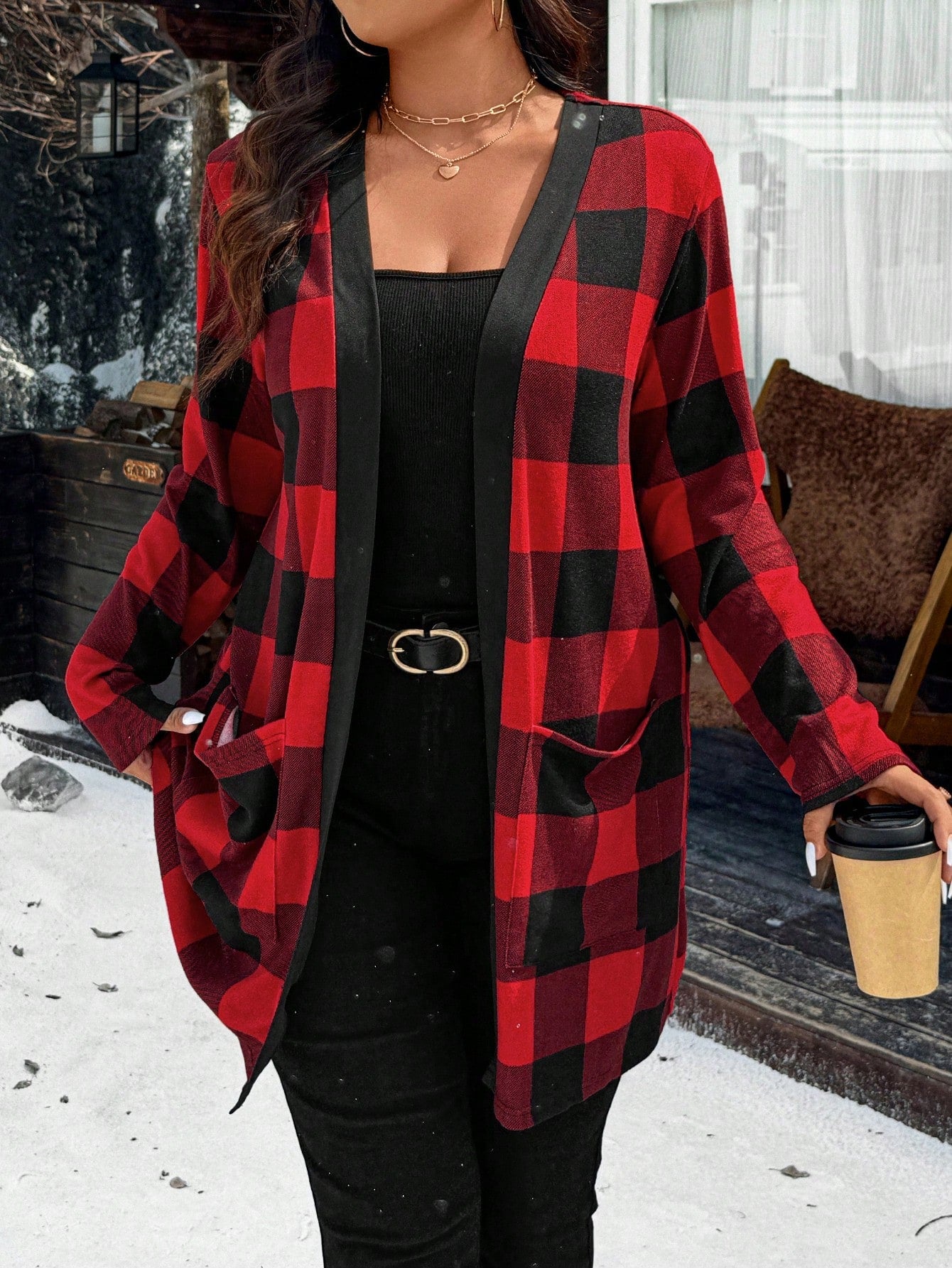 Relaxiva Plus Size Christmas Red Plaid Jacket With Dual Pockets For New Year